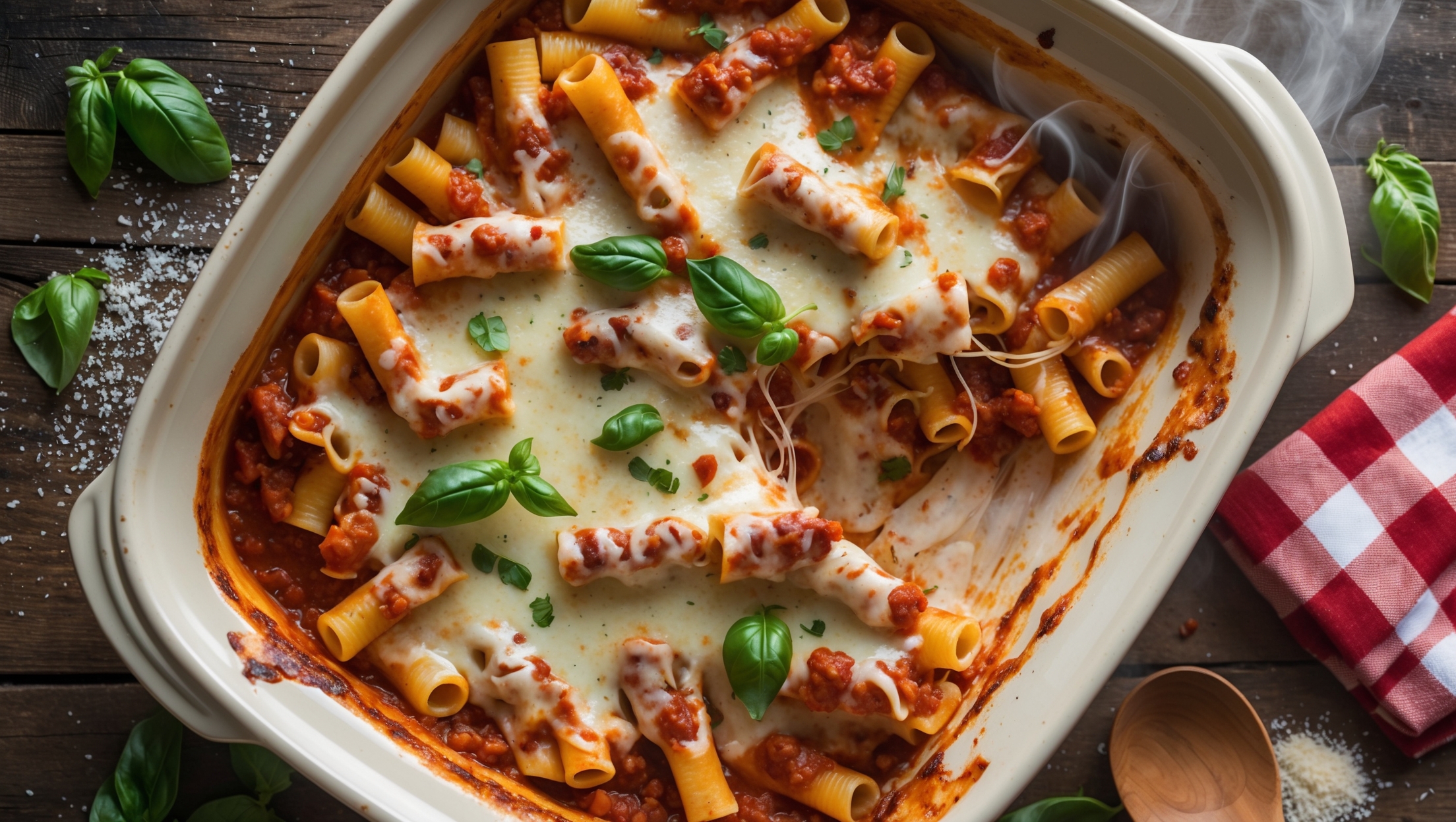 An overhead shot of a ceramic baking dish filled with bubbling Easy Baked Ziti, the edges caramelized to perfection. A cross-section reveals distinct layers of pasta, sauce, and cheese, with stretchy mozzarella pulls as a portion is lifted. Soft natural light highlights the golden-brown top contrasted with bright tomato sauce and specks of herbs. The dish sits on a rustic wooden table with scattered fresh basil leaves, grated parmesan, and a red-checkered napkin nearby. Steam rises gently, suggesting it's fresh from the oven, while a wooden serving spoon rests beside the dish ready to serve this hearty Italian-inspired comfort food.