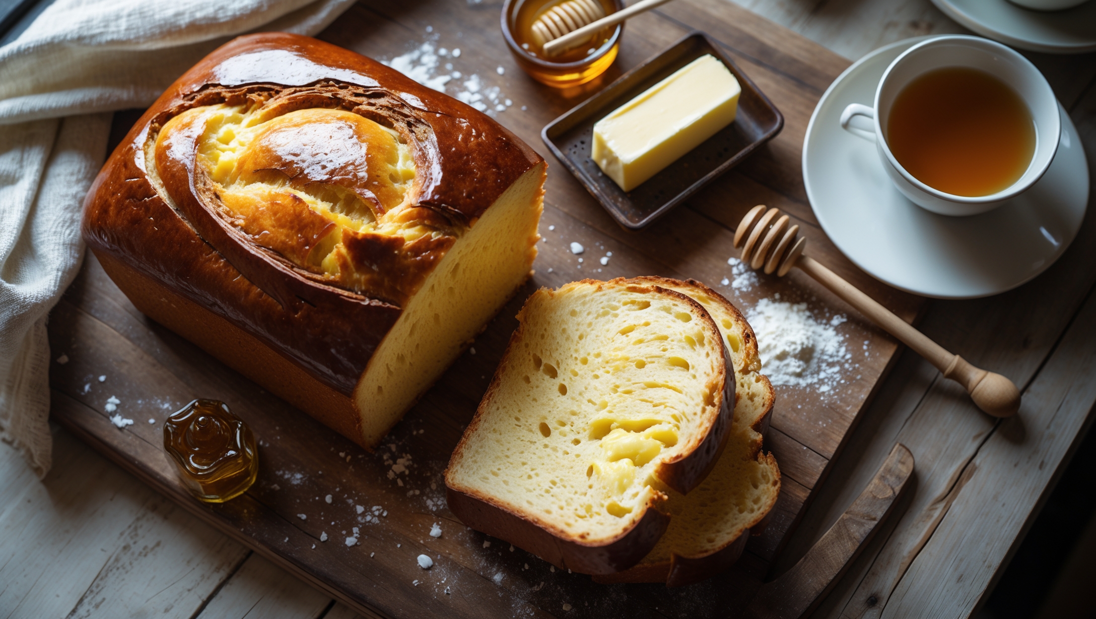 An overhead shot captures a beautifully bronzed egg bread loaf with a shiny, deep amber crust, sliced to reveal its buttery yellow interior with a tender, pillowy crumb structure. The bread sits on a rustic wooden cutting board, with a few slices arranged to showcase the bread's perfect texture. Natural morning light streams in from a nearby window, highlighting the bread's glossy top and soft interior. Scattered nearby are a vintage butter dish with a curl of fresh butter, a small pot of honey with a wooden dipper, and a sprinkling of flour that hints at the baking process. A linen napkin adds texture to the composition while a steaming cup of tea suggests the perfect pairing.