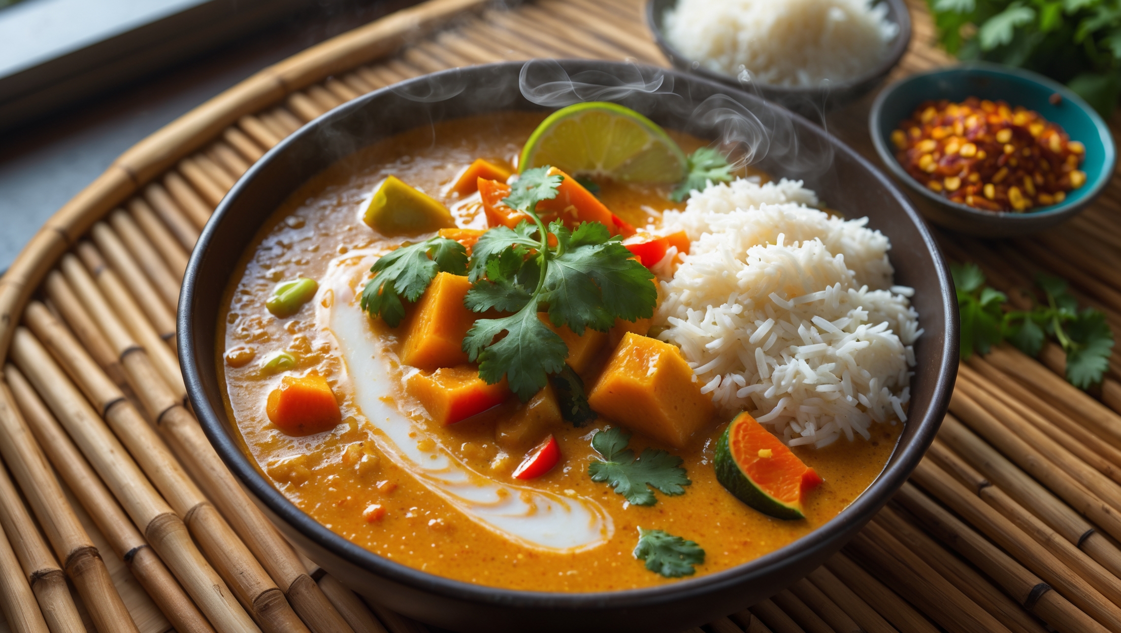 An overhead shot of a steaming bowl of golden-orange coconut curry served on a natural bamboo placemat. The curry's rich, velvety sauce glistens under soft window light, highlighting vibrant pieces of colorful vegetables and fresh herbs scattered throughout. A portion of fluffy basmati rice sits alongside, partially visible at the edge of the frame. Droplets of coconut cream swirl artistically across the surface, while fresh cilantro and lime wedges provide vivid color contrast against the warm tones of the curry. In the background, small bowls of toasted coconut flakes and chili flakes create depth, with a subtle wisp of aromatic steam conveying the dish's comforting warmth.