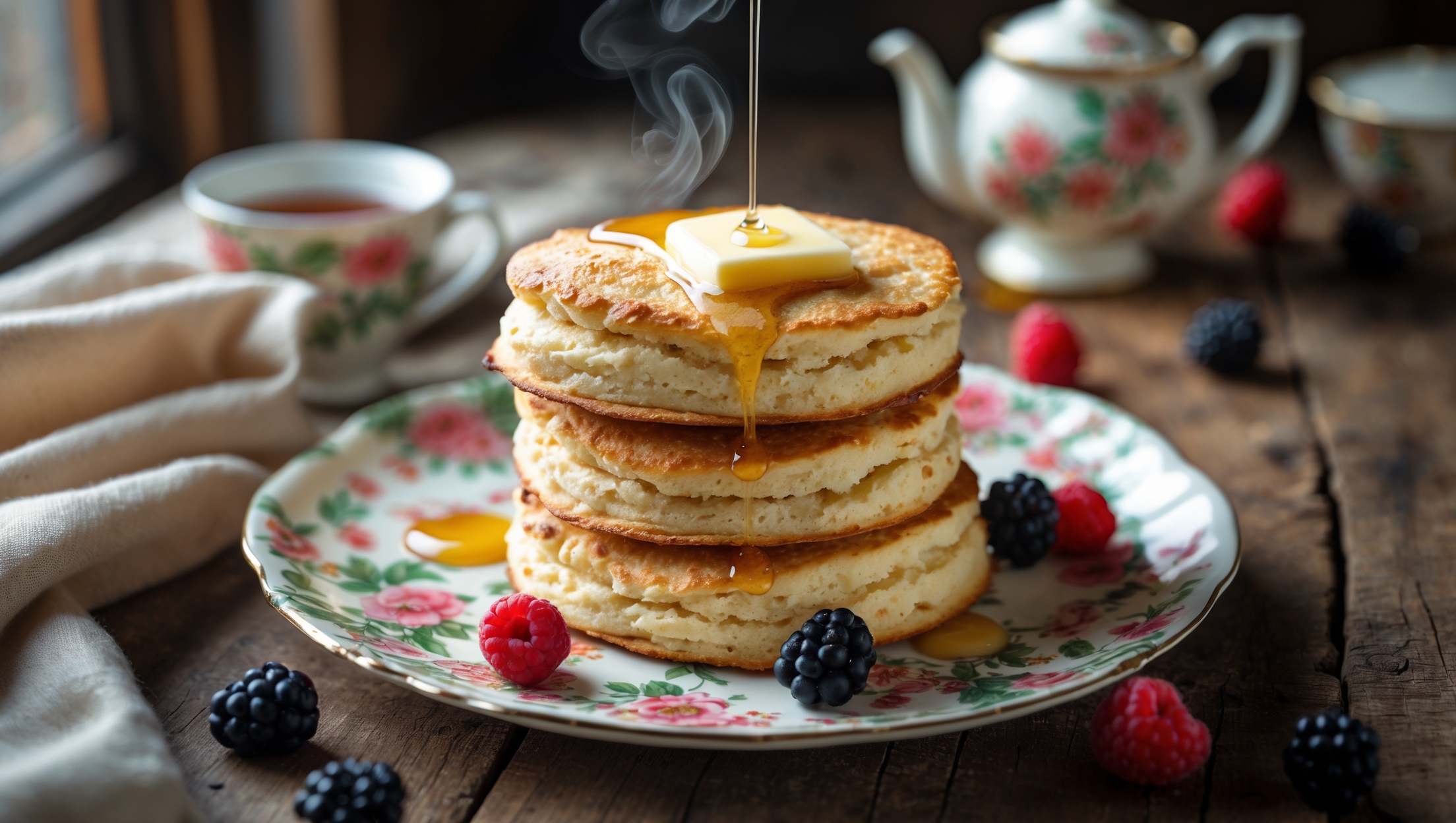 An overhead shot of a stack of golden-brown drop scones on a vintage floral plate, with a pat of melting butter and honey drizzling down the sides. A rustic wooden table provides a warm backdrop, while scattered fresh berries add pops of vibrant color. Soft natural light streams in from a nearby window, highlighting the slightly crisp edges and pillowy centers of these pancake-like treats. A vintage teapot and cup sit blurred in the background, suggesting a cozy breakfast or afternoon tea setting. Steam rises gently from the freshly cooked scones, emphasizing their warmth and homemade quality.