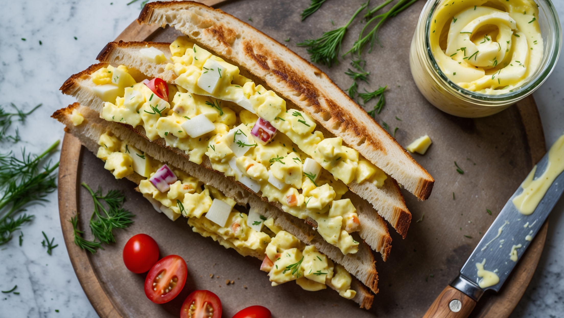 An overhead shot of an Egg Salad Sandwich cut diagonally, revealing generous layers of bright yellow egg salad speckled with herbs and diced vegetables between slices of artisanal white bread. Soft natural light highlights the textural contrast between the creamy filling and the lightly toasted bread. The sandwich rests on a rustic wooden board alongside scattered fresh dill sprigs, halved cherry tomatoes, and a small jar of homemade mayonnaise. A knife with a wooden handle sits nearby, with tiny flecks of the egg mixture clinging to it, suggesting the sandwich was freshly prepared.