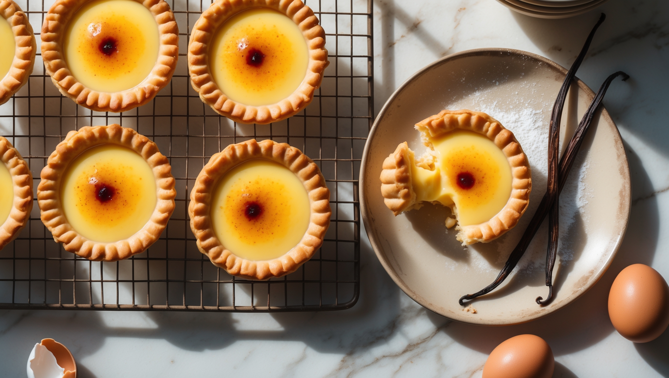 An overhead shot captures a wire cooling rack holding six golden-brown egg custard tarts, their centers a vibrant sunshine yellow with delicate caramelization spots. A cross-section view reveals the contrast between crisp, flaky pastry layers and the silky, just-set custard filling. Shot in soft natural light streaming through a kitchen window, the tarts cast gentle shadows on a marble countertop dusted with a light sprinkling of powdered sugar. A vintage ceramic plate holds two tarts in the foreground, one with a small bite taken out exposing the creamy interior. A vanilla pod and a few whole eggs rest artfully beside the arrangement, hinting at the key ingredients. The warm golden tones of the pastry and custard are accentuated by the cool white marble, creating an inviting, homemade aesthetic.