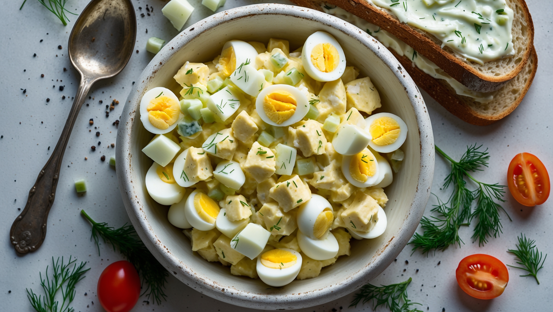 An overhead shot of a rustic white ceramic bowl filled with chunky egg salad, showing perfectly diced hard-boiled eggs bound with creamy mayonnaise. The natural daylight highlights the bright yellow yolks and white egg pieces, interspersed with specks of fresh herbs and finely diced celery for texture. Beside the bowl sits a slice of artisanal sourdough bread partially spread with the mixture, while scattered fresh dill sprigs, cracked black pepper, and halved cherry tomatoes add color contrast. A vintage silver spoon rests against the bowl, inviting viewers to dive in to this classic, comforting preparation.