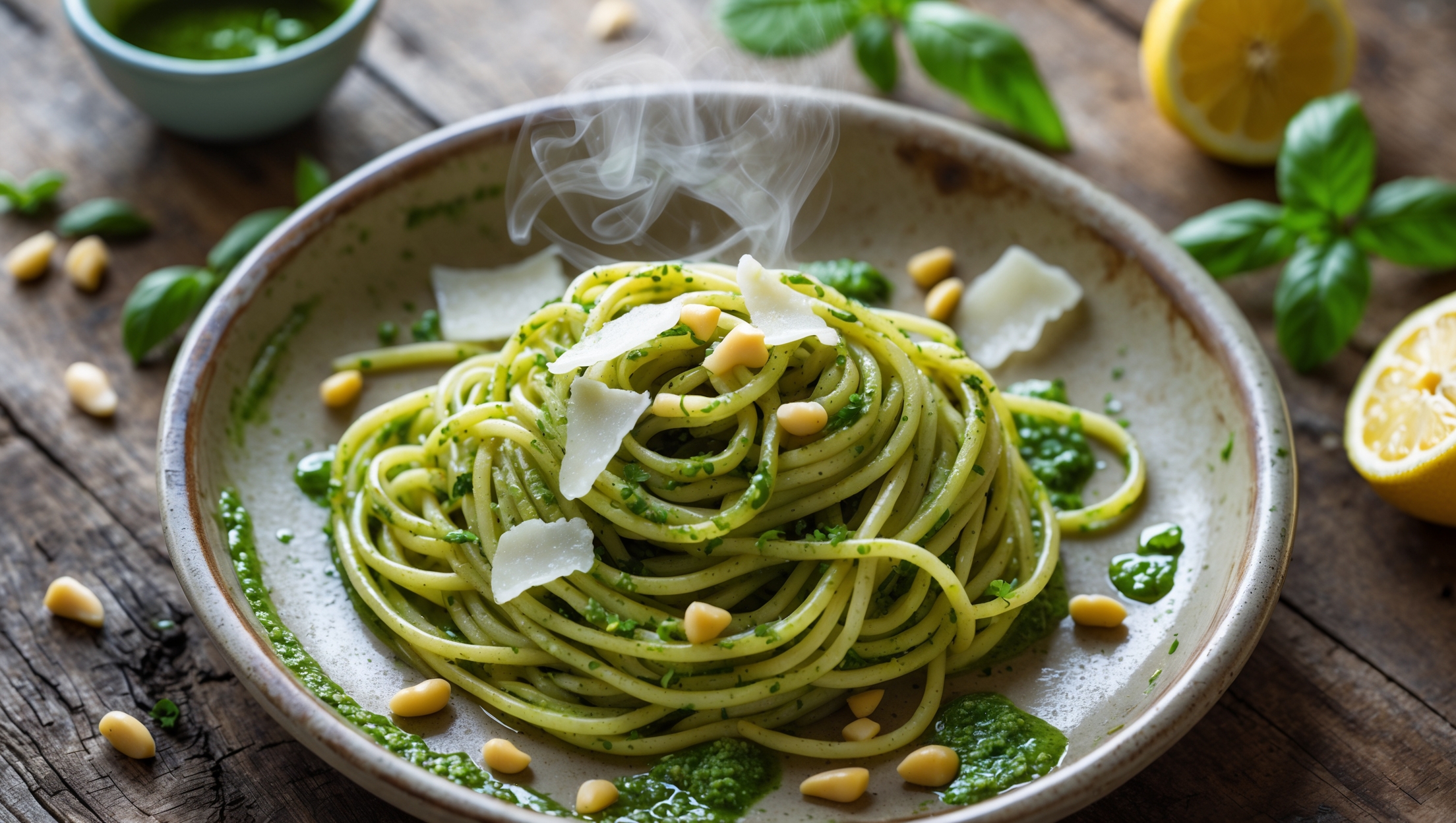 An overhead shot of twirled spaghetti on a rustic ceramic plate, glistening with vibrant green pesto. The pasta strands catch the soft natural light, highlighting the texture of the sauce clinging to each strand. Small shavings of Parmesan cascade across the top, with toasted pine nuts scattered throughout. In the background, a small bowl of extra pesto sits alongside fresh basil leaves and a half-cut lemon, all arranged on a weathered wooden table. Steam visibly rises from the perfectly cooked pasta, conveying warmth and freshness.