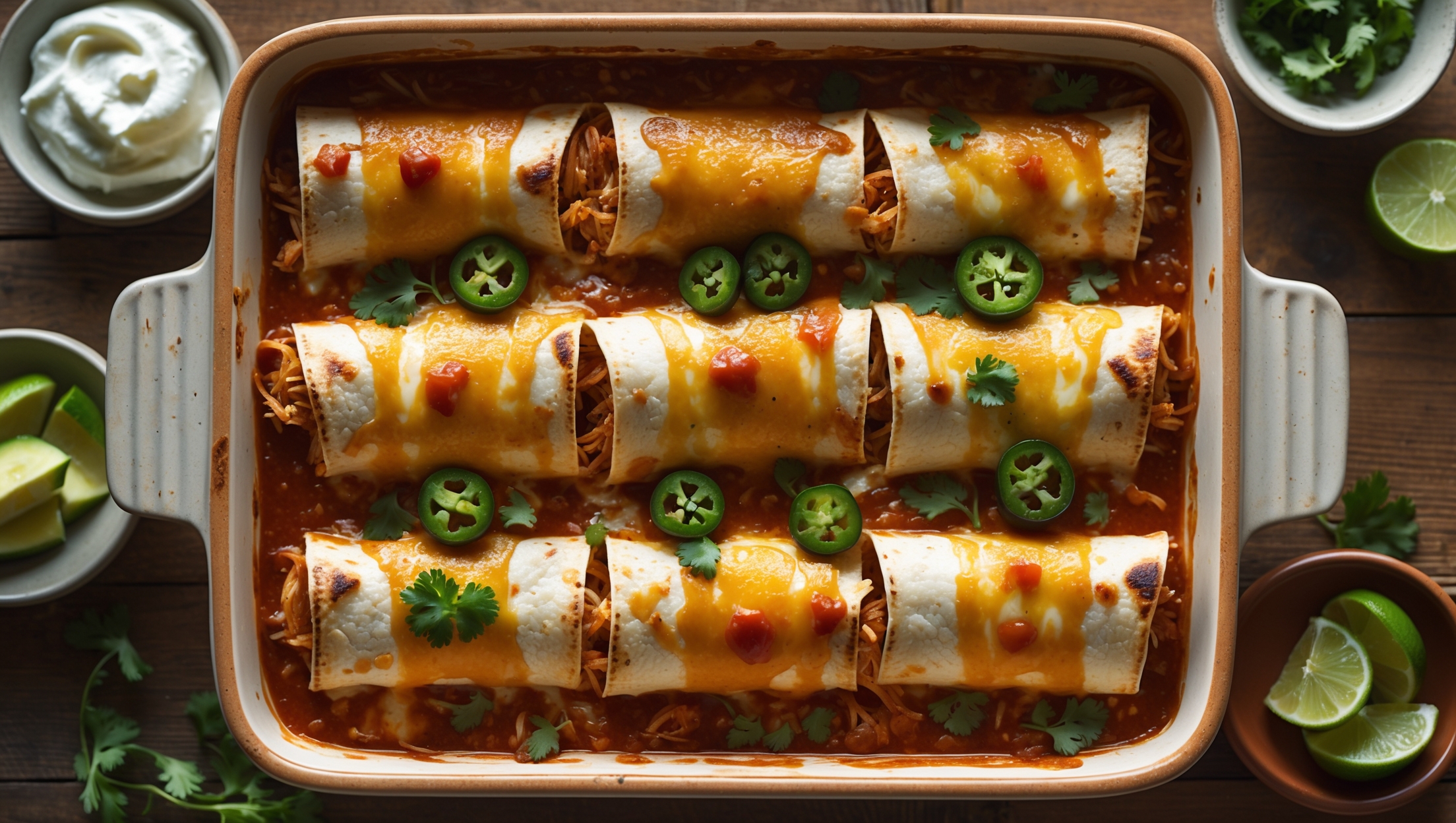 An overhead shot of a ceramic baking dish filled with golden-brown enchiladas arranged in neat rows, with melted cheese bubbling on top and beginning to crisp at the edges. A cross-section view reveals the tender shredded chicken filling peeking out from beneath the sauce-soaked tortilla. Shot in warm, diffused natural light that highlights the rich red tones of the enchilada sauce dripping down the sides and the scattered fresh cilantro and sliced jalapeños providing vivid green accents. A rustic wooden table holds the dish alongside small bowls of sour cream, diced avocado, and lime wedges, creating a vibrant color palette that emphasizes the Mexican-inspired feast.