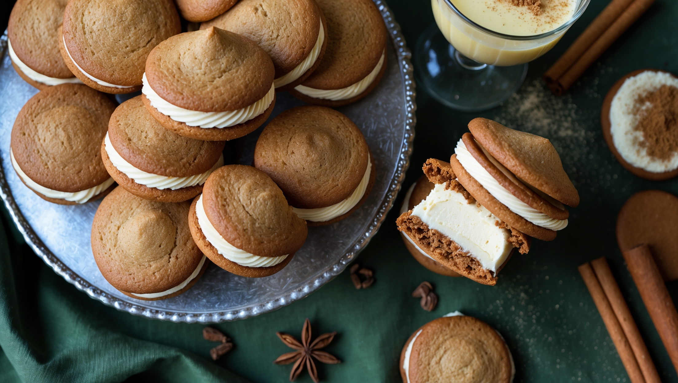 An overhead shot of Eggnog Whoopie Pies arranged in a casual spiral on a vintage silver cake stand, with soft natural light highlighting their domed shapes and cream-colored filling peeking out between caramel-colored cookies. A close-up reveals the moist, cake-like texture of the spiced cookies and the smooth, nutmeg-flecked eggnog cream filling. One cookie is broken in half, showing the generous layer of buttercream, while others rest beside a glass of eggnog dusted with freshly grated nutmeg. Scattered cinnamon sticks, star anise, and a light dusting of icing sugar add festive styling elements against a backdrop of deep green linen that enhances the warm golden tones of the cookies.