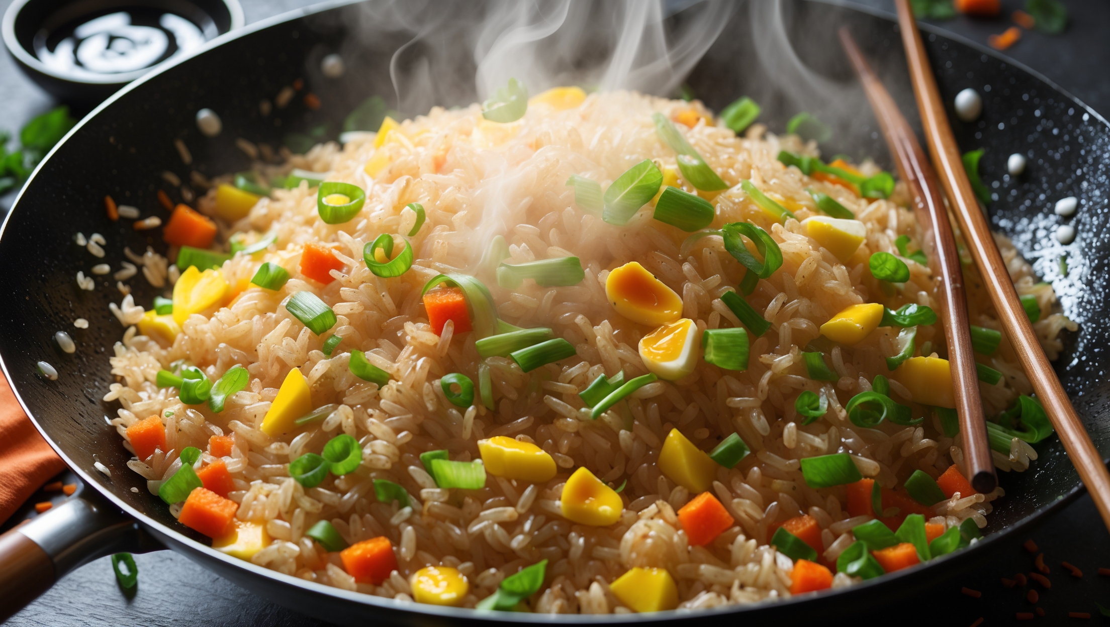 An overhead shot of a glossy wok filled with glistening Egg Fried Rice, where individual golden-brown rice grains are visible alongside vibrant flecks of green scallions, delicate yellow egg ribbons, and bright diced carrots. Soft natural light streams in from the side, highlighting the steam rising from the dish. A pair of wooden chopsticks rests against the wok's edge, ready to lift a perfect portion. In the background, a small dish of soy sauce and scattered fresh herbs add depth to the composition, while the textural contrast between the fluffy eggs and crispy rice edges is beautifully captured.