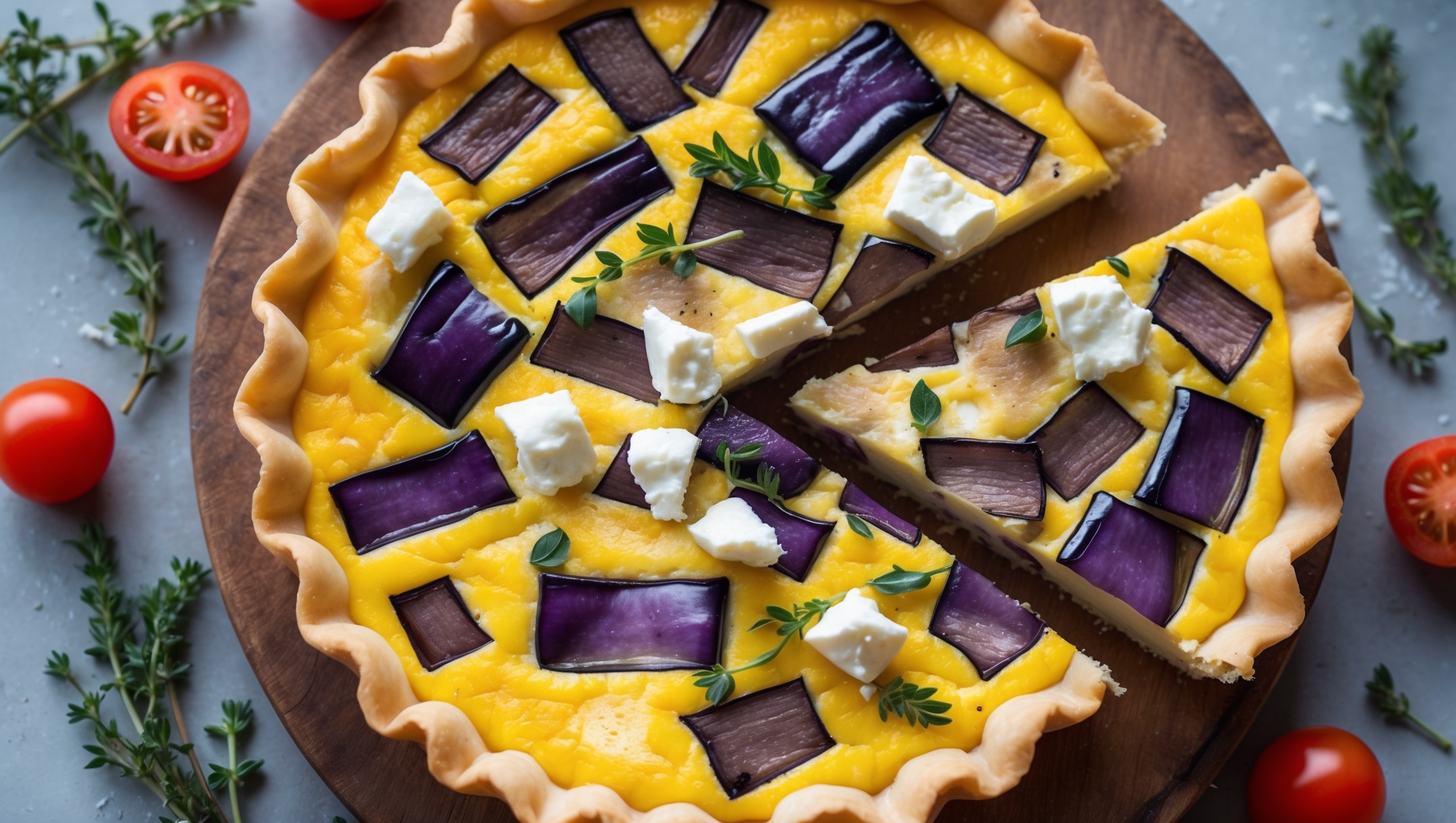 Overhead shot of a golden-brown quiche with a perfectly crimped crust, displaying a vibrant cross-section where chunks of roasted eggplant and pockets of melted feta create a marbled effect against the creamy egg filling. Soft natural light highlights the flaky layers of the pastry edge and the subtle sheen of the egg custard. The quiche rests on a rustic wooden board with fresh thyme sprigs and halved cherry tomatoes scattered around, while a slice has been removed to reveal the moist interior studded with purple-tinged eggplant and white feta crumbles.