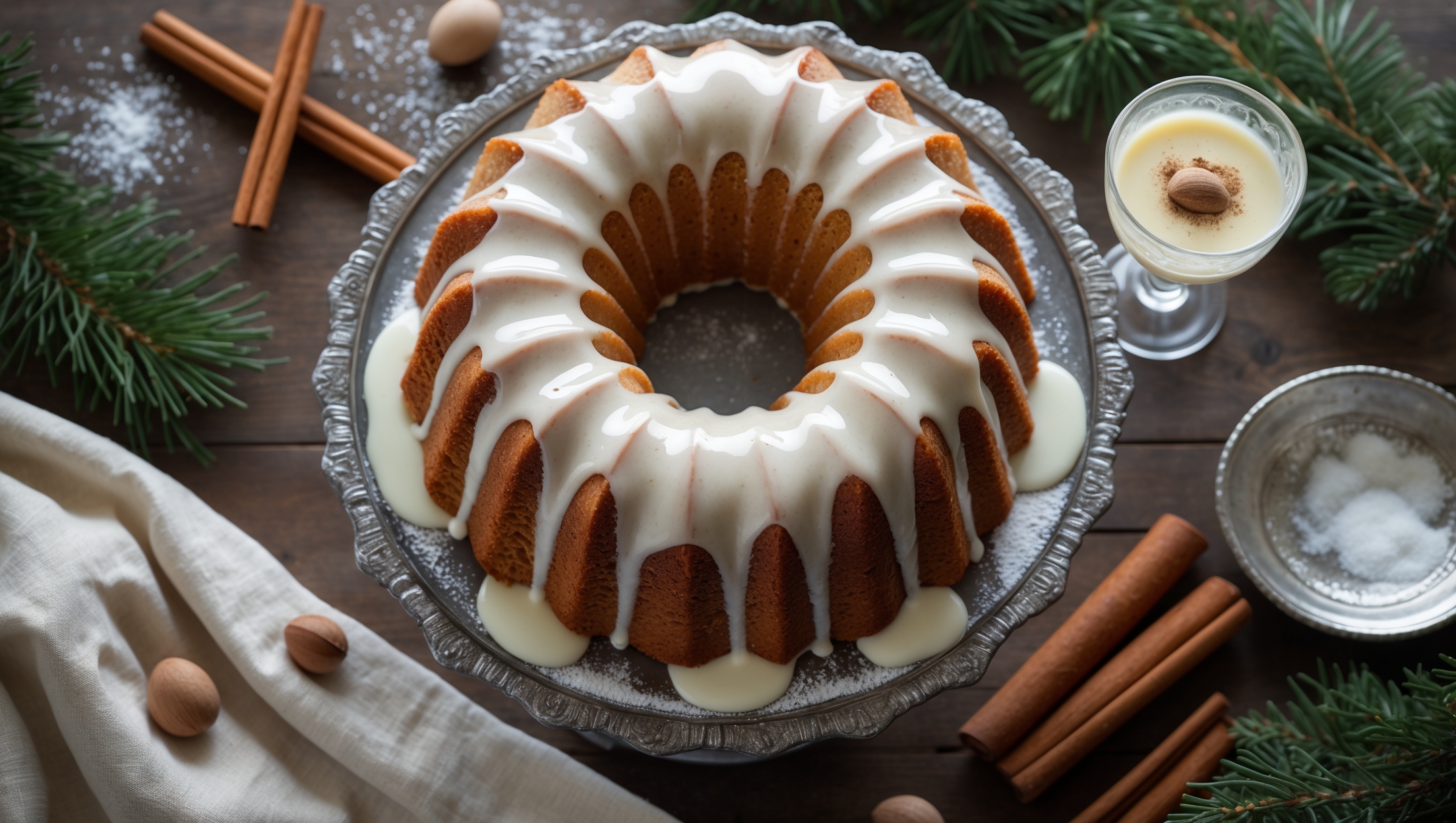 An overhead shot captures a beautifully ridged Eggnog Bundt Cake on a vintage silver cake stand, its golden-brown exterior contrasting with the pure white eggnog glaze cascading down the fluted curves. Soft natural light highlights the cake's moist crumb in a cross-section slice that reveals delicate specks of nutmeg throughout. The styling includes scattered cinnamon sticks, whole nutmegs, and fresh evergreen sprigs arranged on a wooden table draped with a cream linen napkin. A dusting of powdered sugar resembles fresh snow, while the glossy glaze catches the light, emphasizing the cake's rich, festive character. A small crystal glass of eggnog garnished with nutmeg sits alongside, completing this holiday baking scene.