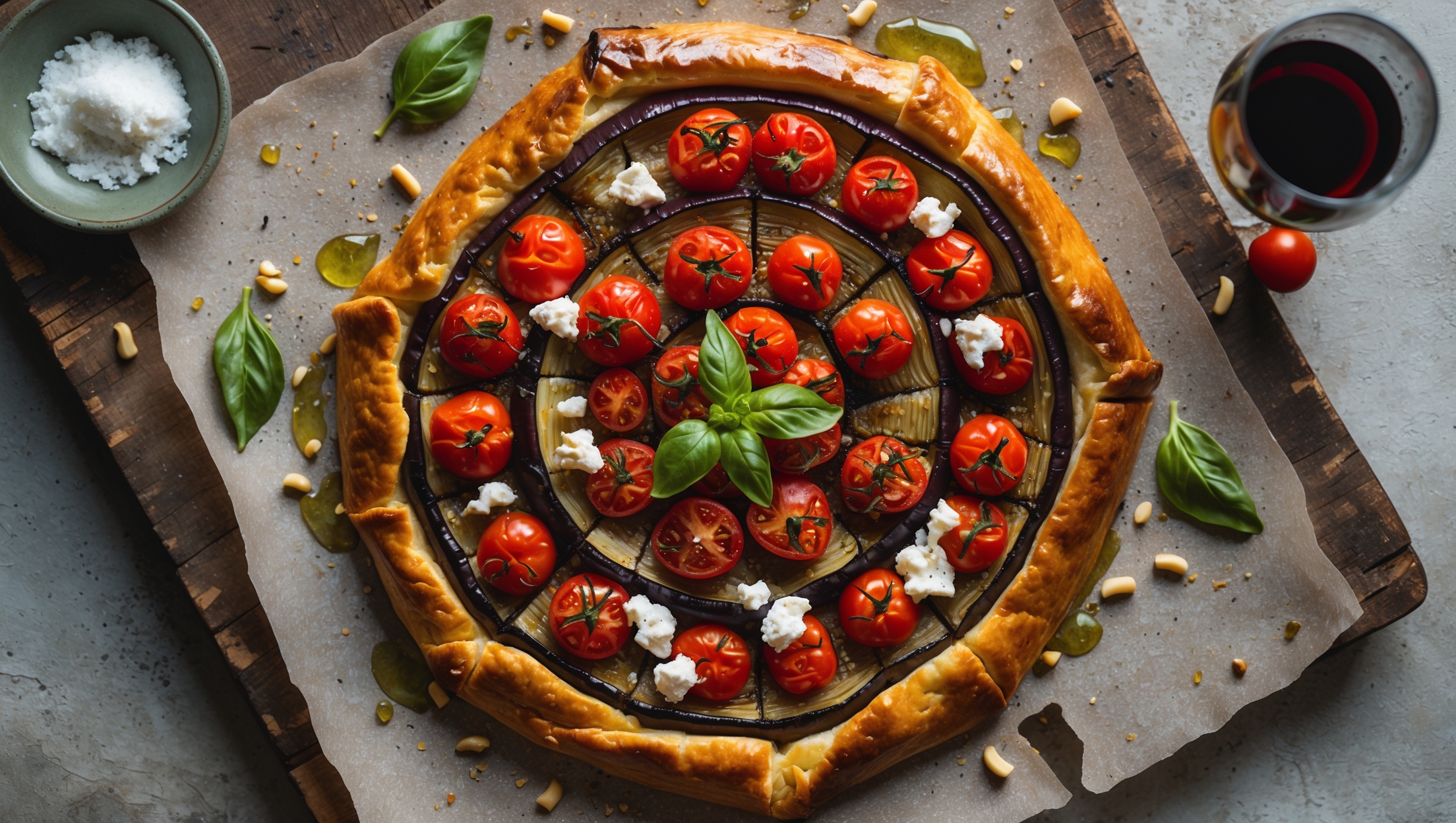 Overhead shot of a rustic Eggplant and Tomato Tart on a distressed wooden board, golden-brown pastry cradling concentric circles of glossy roasted eggplant slices and vibrant red tomatoes. Soft natural light highlights the caramelized edges of vegetables, specks of herbs, and crumbles of white goat cheese scattered across the top. A few basil leaves and scattered pine nuts create visual interest, while a drizzle of olive oil catches the light, giving the tart a glistening finish. In the background, a small bowl of sea salt and a carafe of red wine suggest a casual Mediterranean dining setting.