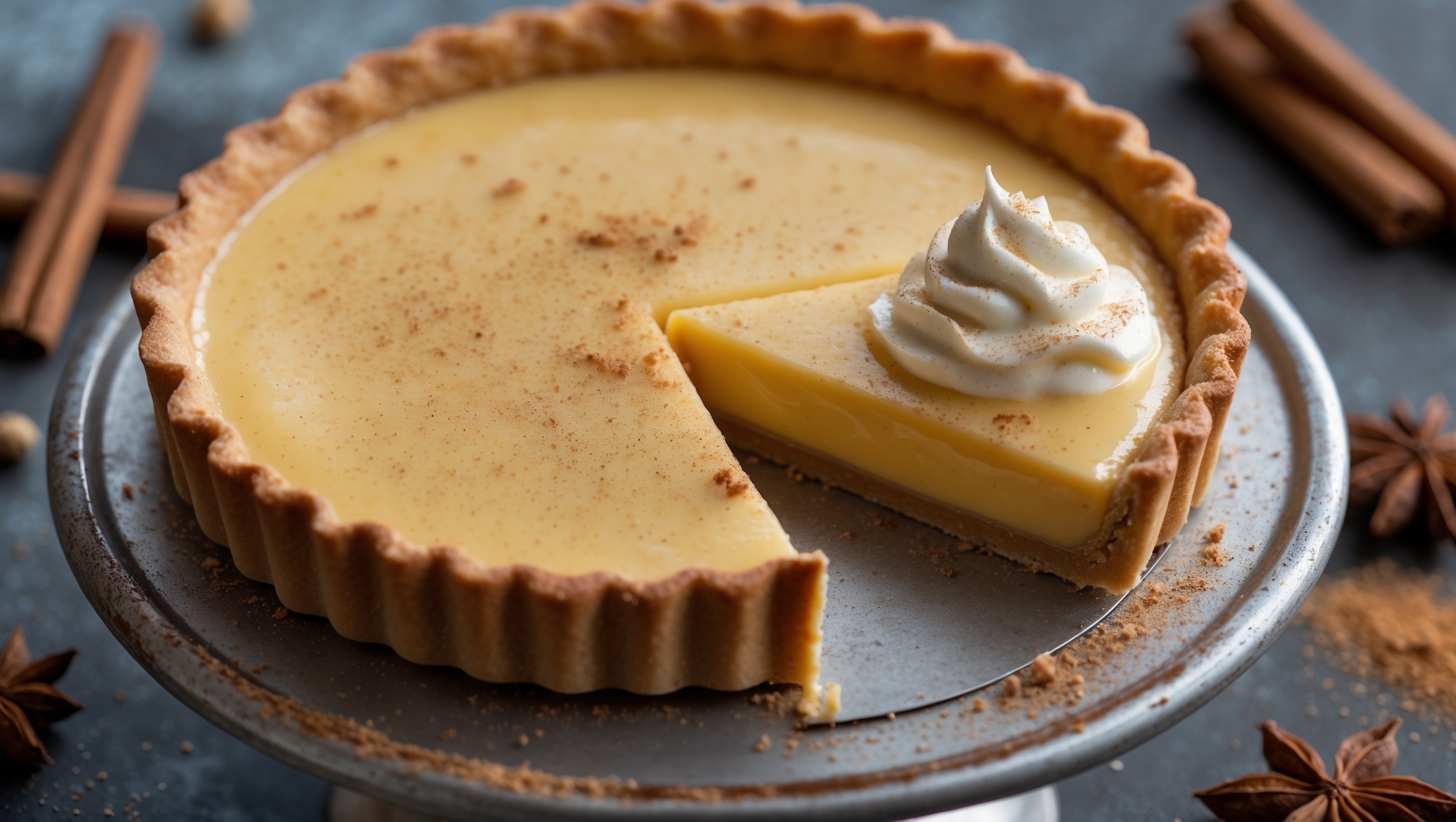 A close-up shot of a golden-brown Eggnog Custard Tart with a perfectly crimped edge, showcasing the silky custard's nutmeg-flecked surface. Soft natural light highlights the custard's glossy finish and subtle speckling of freshly grated nutmeg. The tart is photographed on a vintage cake stand, with a slice being removed to reveal the smooth, creamy filling and crisp pastry base. Surrounding the tart are scattered cinnamon sticks, star anise, and fresh nutmeg, while a dollop of lightly whipped cream slowly melts on the cut slice. The warm amber tones of the custard contrast beautifully with the deep brown of the perfectly baked pastry case.