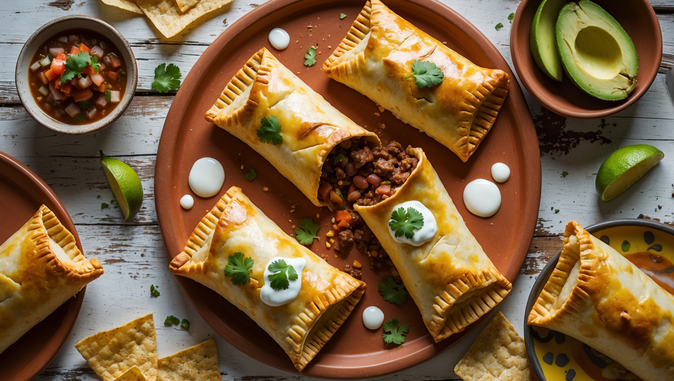 Overhead shot of golden-brown Enchilada Hand Pies arranged on a rustic terracotta platter, with one pie broken open to reveal the colorful spiced beef, bean, and melted cheese filling. Soft natural light highlights the flaky pastry layers and crimped edges, while drops of tangy sour cream and sprinkled fresh cilantro add bright contrast against the rich filling. A small bowl of vibrant salsa and sliced avocado sits alongside, with scattered corn chips and lime wedges completing the styling on a distressed wooden table, evoking the warmth of Mexican cuisine.