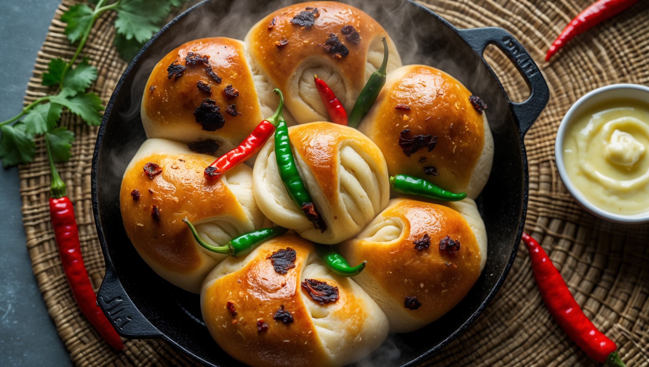 An overhead shot of golden-brown pull-apart bread rolls arranged in a rustic cast iron skillet, with vibrant green and red chilies partially embedded in the surface. Steam rises gently from a freshly torn piece revealing stretchy cheese pulls against a backdrop of soft, pillowy dough. The natural window light catches the glistening surface brushed with ghee, highlighting the flecks of spices and charred chili edges. Scattered alongside are fresh chilies and cilantro leaves on a traditional Bhutanese woven mat, with a small bowl of additional melted cheese dip positioned at the corner for extra indulgence.
