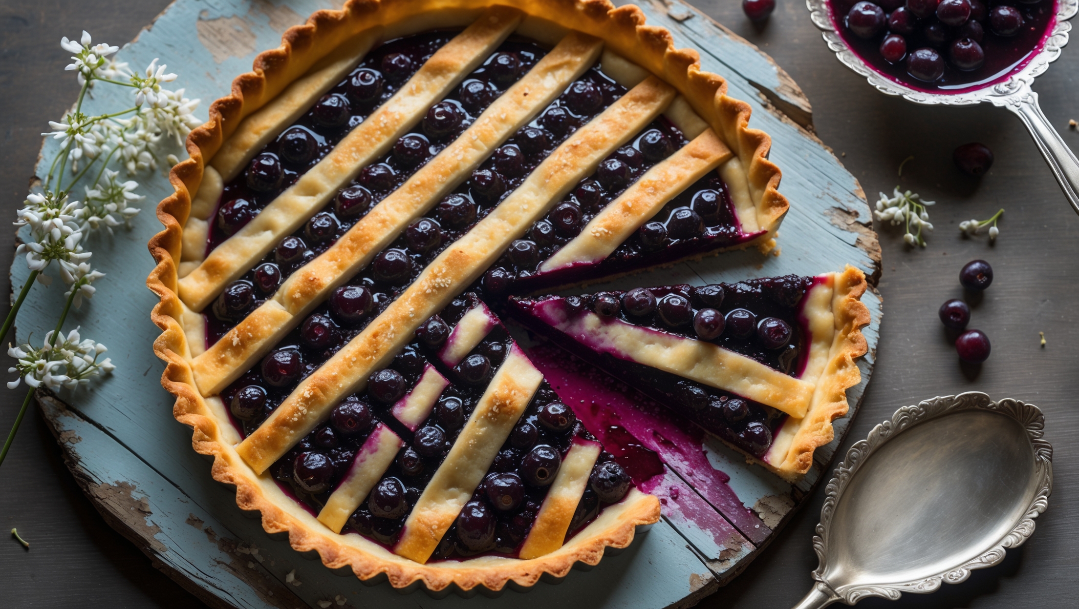 An overhead shot of an elegant elderberry tart with a golden lattice crust revealing glimpses of the deep purple-black filling beneath. Soft natural light streams across the scene, highlighting the sparkling sugar crystals atop the perfectly browned pastry. A cross-section view shows the contrast between the crisp, flaky pastry and the jammy elderberry filling that holds its shape without being runny. The tart rests on a weathered wooden serving board with scattered fresh elderberries and small white elderflowers adding context. A vintage silver server stands ready beside a slice that reveals the rich, jewel-toned filling against the buttery layers of pastry.