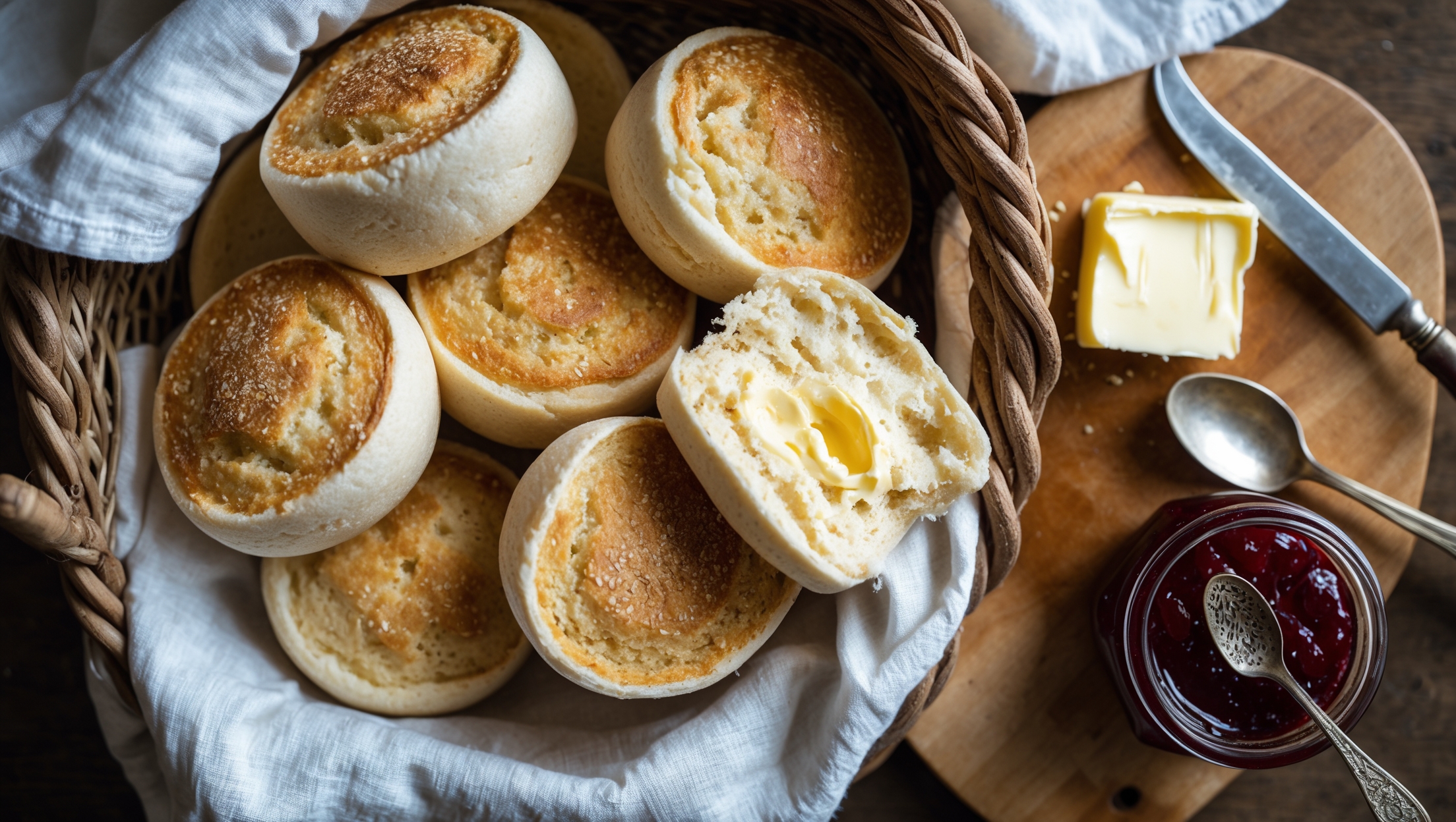 An overhead shot of freshly made English muffins stacked in a rustic woven basket lined with a crisp white linen cloth. Several muffins are arranged alongside, one split open to reveal the distinctive honeycomb interior texture. The muffins have a light dusting of cornmeal that adds subtle texture and golden color. A wooden board beneath features a pat of softening butter and a small jar of deep red jam with a silver spoon. Warm morning light streams across the scene, highlighting the contrast between the muffins' crisp, pale exterior and their airy, tender crumb structure. A vintage knife rests nearby, suggesting the perfect teatime spread.