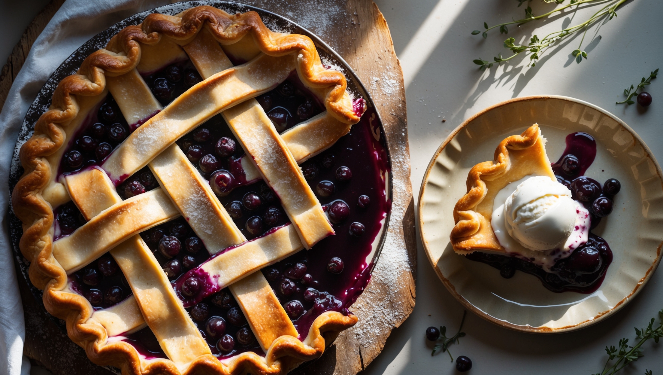 An overhead shot of a golden-brown elderberry pie with a lattice top crust, where deep purple filling bubbles through the carefully woven strips. The pie sits on a weathered wooden board, dusted with a light sprinkle of confectioners' sugar that highlights the intricate pastry work. A cross-section view reveals the glossy, jammy elderberry filling cascading slightly onto a vintage ceramic plate. Soft natural light streams in from a nearby window, illuminating the steam rising from the freshly baked pie and casting gentle shadows that emphasize the flaky layers of the crust. Scattered fresh elderberries and a few small sprigs of thyme decorate the scene, while a scoop of vanilla ice cream slowly melts against one plated slice, creating a beautiful contrast between the warm purple filling and cool white cream.