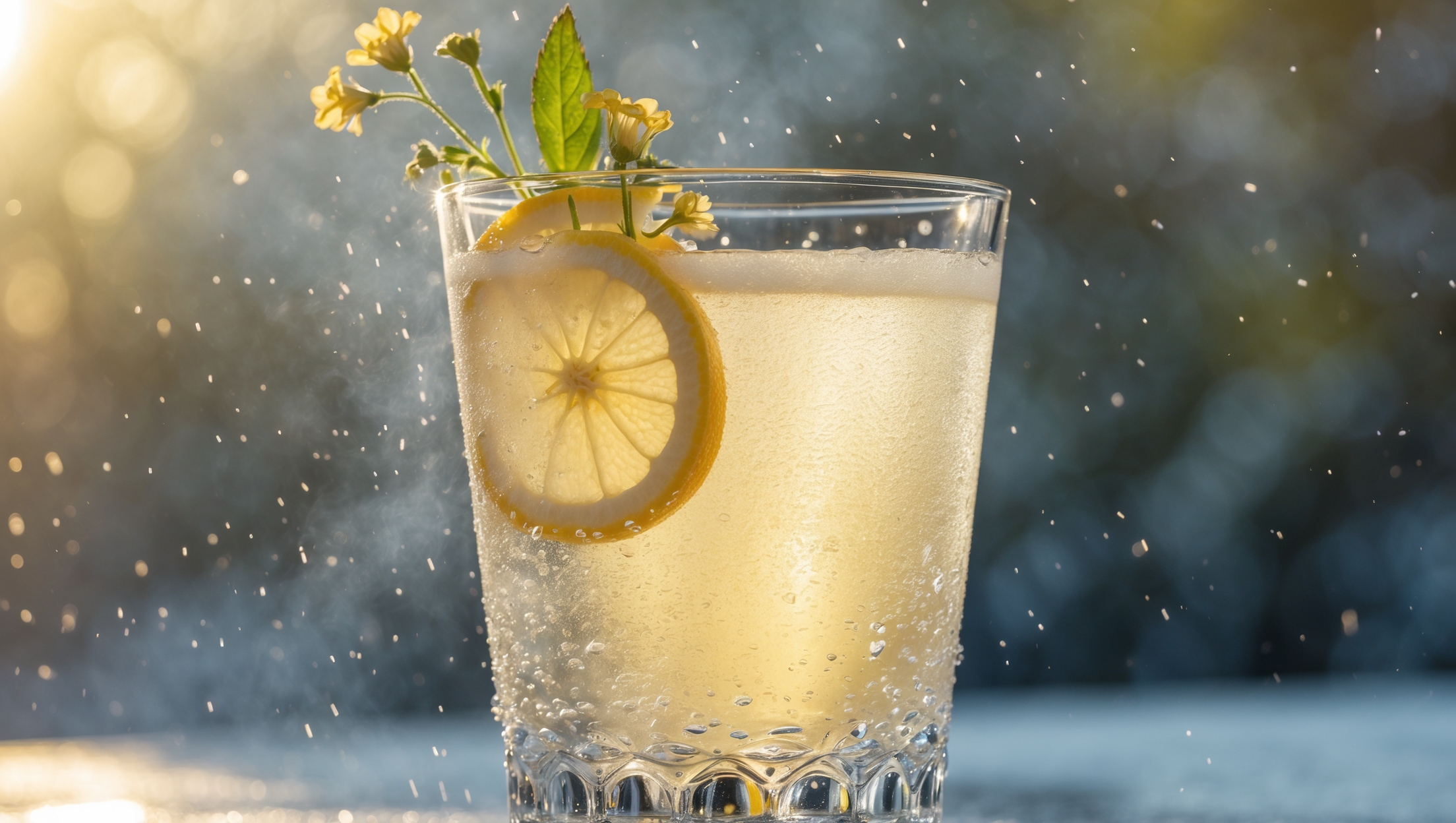 A tall collins glass filled with crystal-clear ice captures the essence of the Elderflower Vodka Fizz. Golden afternoon light streams through the glass, illuminating the pale straw-colored liquid with tiny champagne-like bubbles rising continuously to the surface. A thin slice of lemon and a delicate sprig of fresh elderflower rest on the rim, while condensation beads on the outside of the glass suggest refreshing coolness. The contrast between the frosted glass and the bright, summery drink creates a visually striking image that highlights both the sophisticated simplicity and the delicate effervescence of this elegant cocktail.