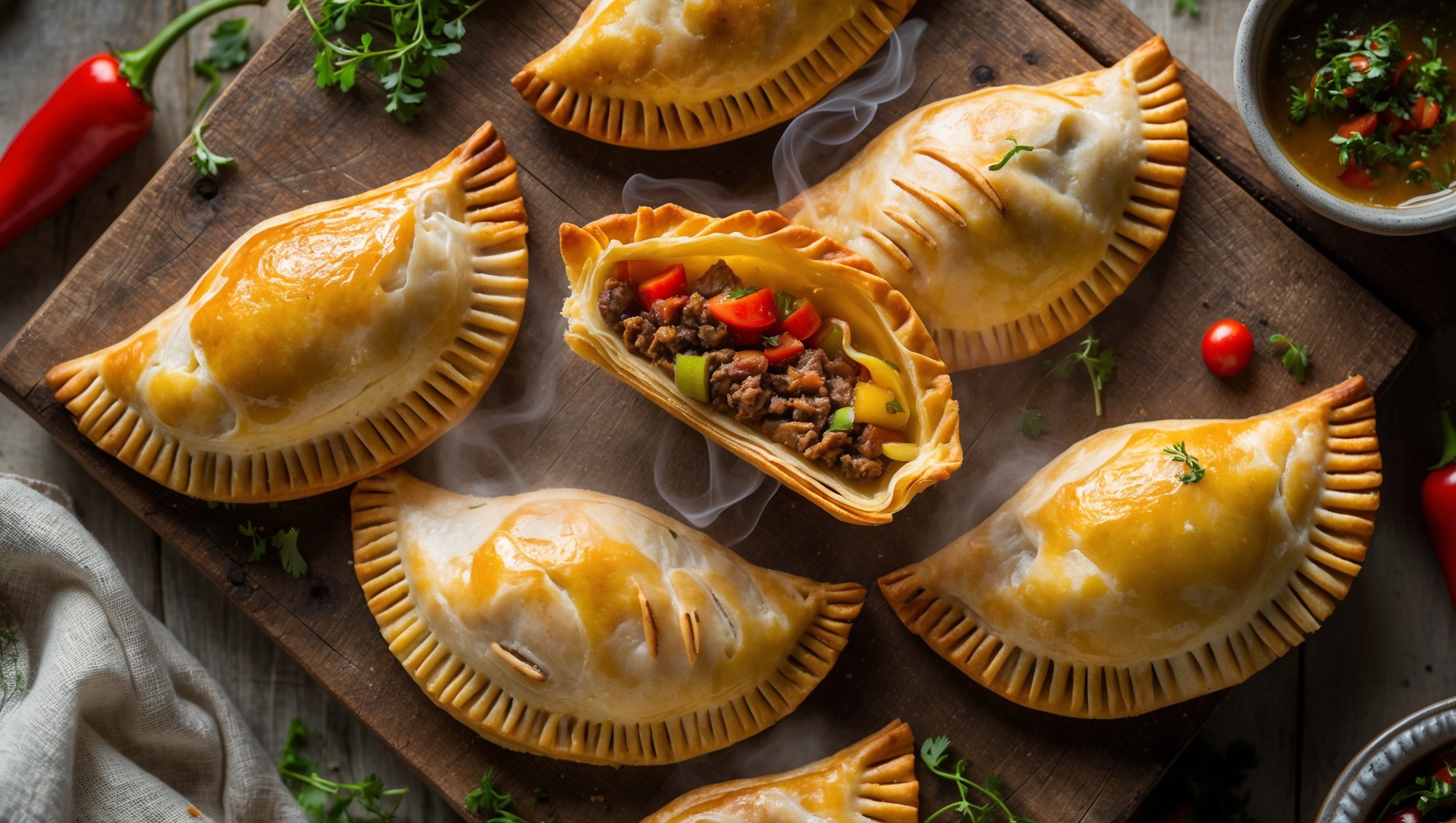 Overhead shot of golden-brown empanada-style hand pies arranged on a rustic wooden board, with one cut open revealing its colorful filling of seasoned meat, vegetables, and melted cheese. The flaky, crimped edges showcase expert craftsmanship while the steam rises subtly from the freshly baked pastries. Soft natural light highlights the glistening egg-washed exterior and the intricate fork marks sealing each pastry. A scattering of fresh herbs, colorful peppers, and a small bowl of chimichurri sauce complement the scene, with a vintage linen napkin adding texture to the composition.