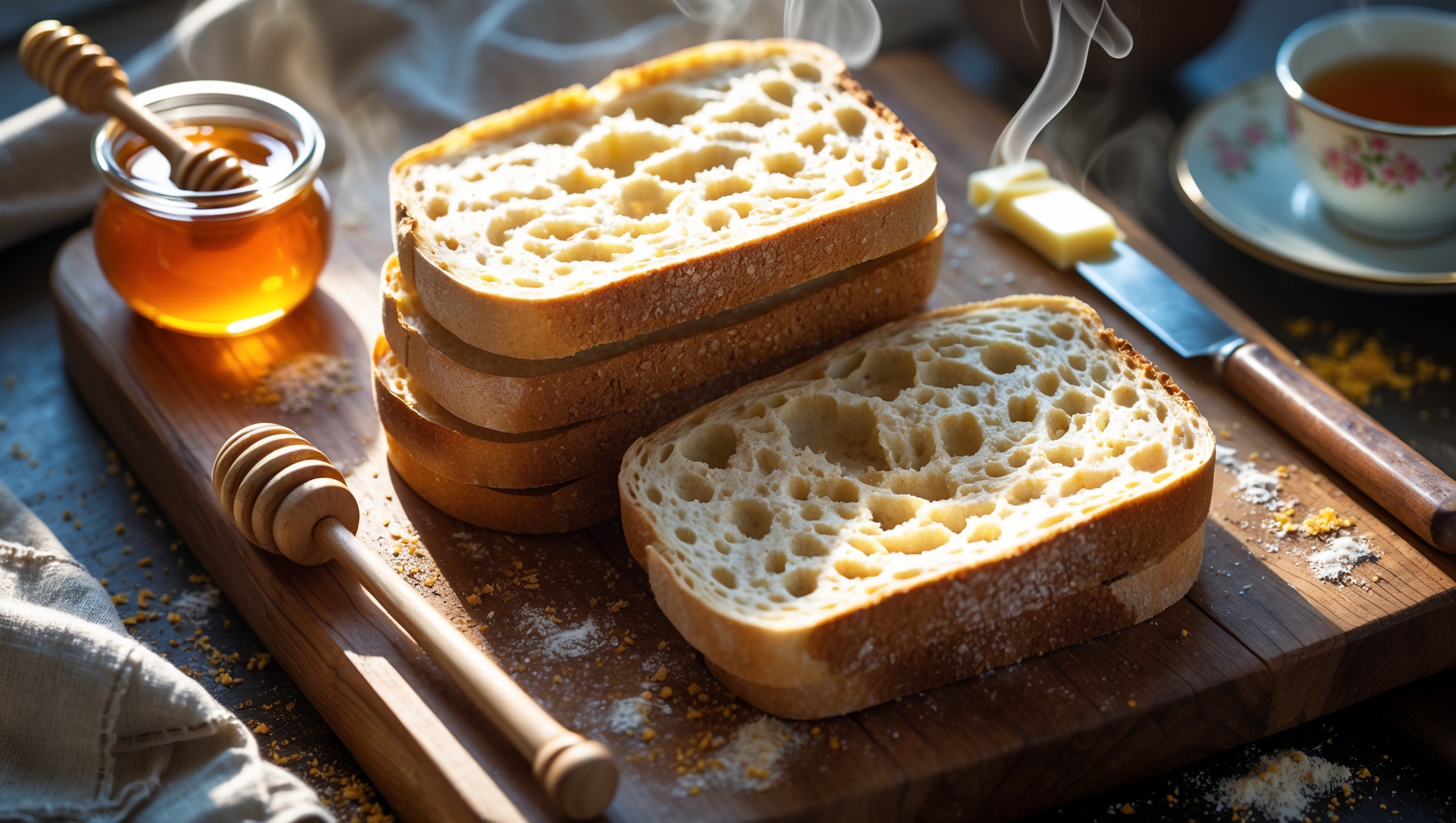 An overhead shot of a rustic wooden cutting board featuring thick-sliced English Muffin Bread with golden, craggly tops. A cross-section reveals the signature open crumb structure with characteristic nooks and crannies throughout the interior. Soft natural morning light streams across the scene, highlighting a slice being pulled apart to showcase its airy texture. In the foreground, a small pot of honey with a wooden dipper and a butter knife smeared with melting butter rest beside the bread. The background features scattered dusting of cornmeal and a vintage tea towel, while steam rises gently from a nearby cup of tea, suggesting the bread has just been toasted.
