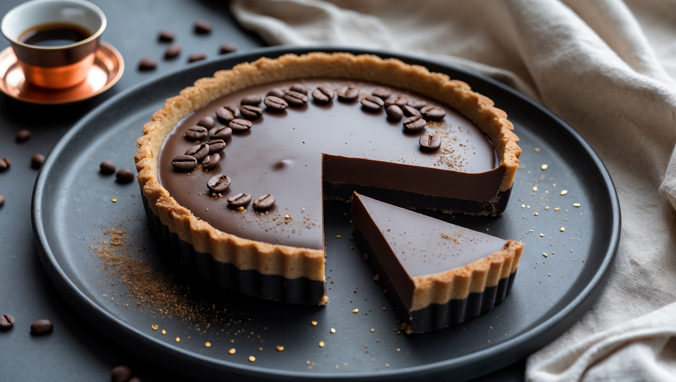 An overhead shot of the Espresso Chocolate Tart displays its flawlessly smooth, glossy chocolate surface with delicate coffee bean decorations arranged in a circular pattern. A cross-section view reveals the contrasting layers: crisp chocolate pastry base and velvety dark ganache filling. The tart is photographed in soft natural light on a matte black ceramic plate, accompanied by a small copper espresso cup and scattered cacao nibs. Droplets of gold dust catch the light across the chocolate surface, while a thin slice being lifted shows the perfect clean cut and dense, fudgy texture within.