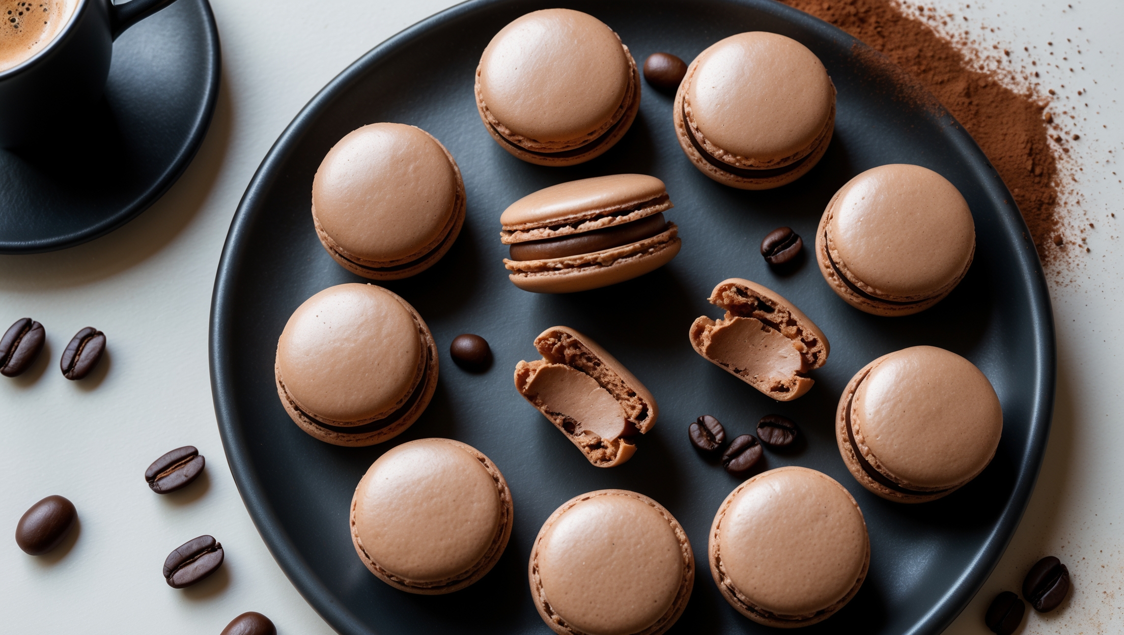 An overhead shot of perfectly formed espresso macarons arranged in a circular pattern on a matte black ceramic plate, with a few strategically placed on their sides to reveal the smooth coffee buttercream filling. Soft natural light streams in from the side, highlighting the macaron shells' glossy tops and signature "feet" at their bases. A small espresso cup sits beside the display, along with a few scattered coffee beans and a dusting of cocoa powder. The deep brown shells showcase subtle shine against the dark backdrop, while the filling appears lusciously smooth between the perfectly matched pairs, with their characteristic almond-based texture visible in cross-section placements.