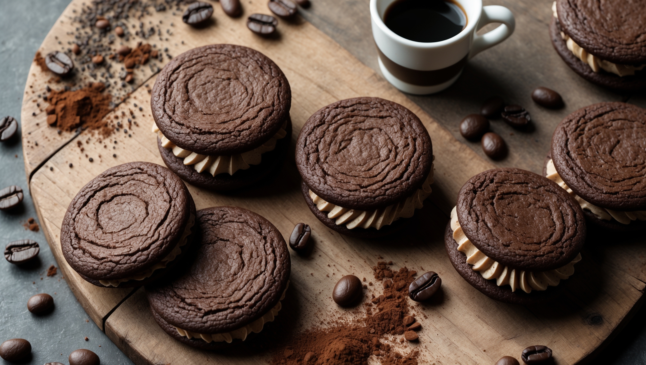 An overhead shot captures a rustic wooden board where several Espresso Chocolate Sandwich Cookies are arranged in a casual scatter. A few cookies are stacked to reveal their coffee-colored filling between dark chocolate cookies. In the corner, a vintage espresso cup holds dark coffee, while scattered coffee beans and cocoa powder create visual texture. The soft natural light highlights the slightly crackled surface of the cookies and the creamy buttercream filling. A cross-section shot reveals the crisp edge and slightly chewy center of the chocolate cookie contrasting with the smooth, piped espresso buttercream. The deep brown cookies with their lighter brown filling create a beautiful monochromatic color palette that emphasizes their coffee-chocolate intensity.