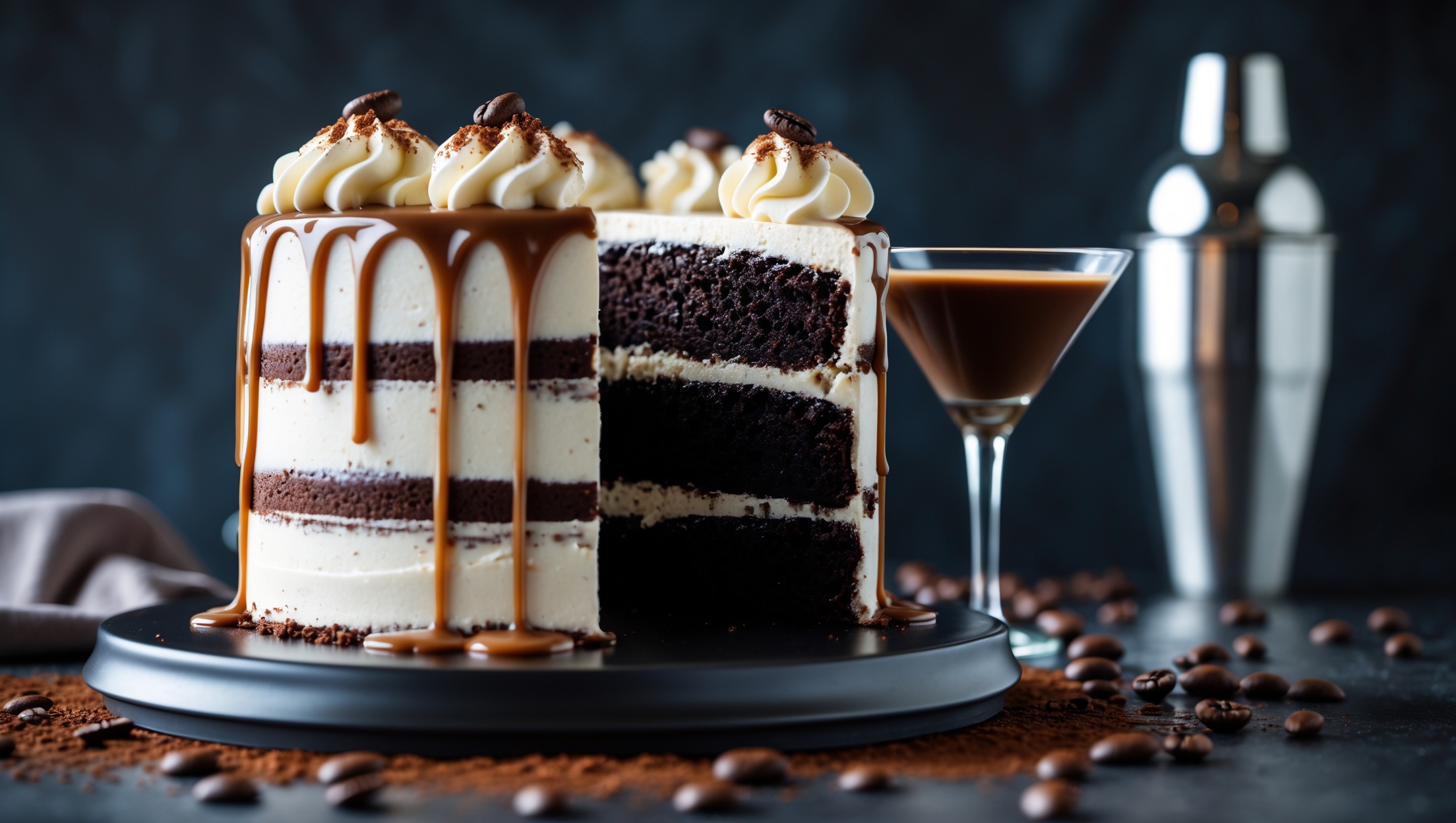 An elegant tiered chocolate cake captured from a slight angle to showcase its glistening coffee-vodka glaze dripping artfully down the sides. Shot in moody, low-key lighting that highlights the contrast between the dark cake layers and creamy mascarpone frosting. A close-up reveals the moist, coffee-infused crumb texture next to a perfectly positioned espresso martini garnished with coffee beans. The cake sits on a sleek black cake stand against a dark backdrop, with scattered coffee beans and cocoa powder creating visual interest. A silver cocktail shaker and martini glass appear slightly blurred in the background, reinforcing the sophisticated cocktail inspiration.