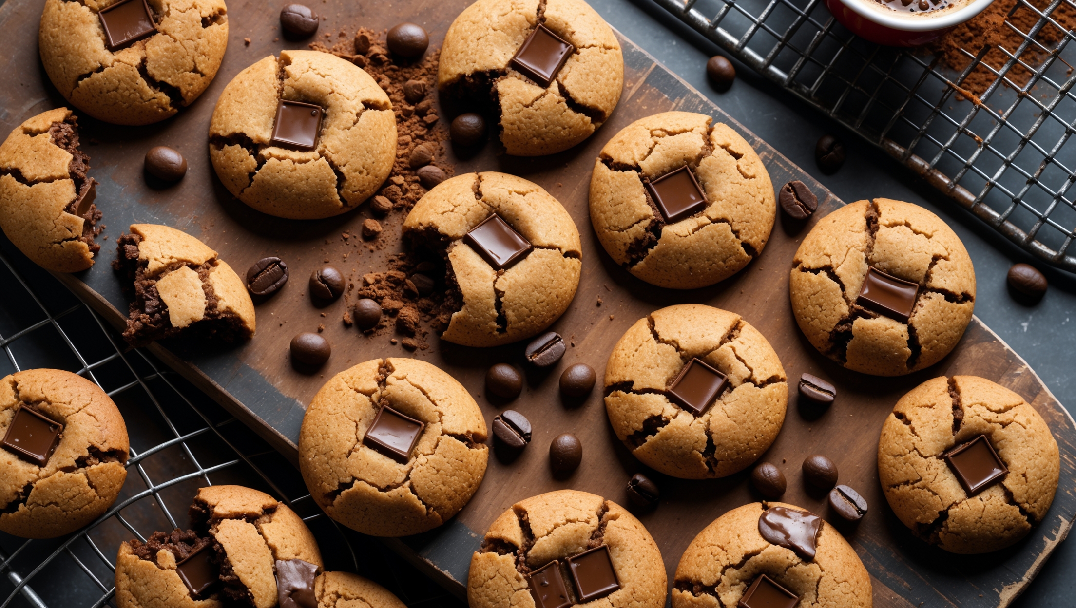 An overhead shot of espresso chocolate chip cookies arranged in a casual spiral on a rustic wooden board, some whole and others broken to reveal melty chocolate chunks and a perfectly chewy interior. Shot in warm natural light that accentuates the golden-brown edges and crackly tops. Coffee beans and a small espresso cup are artfully scattered in the corner, with a light dusting of cocoa powder adding contrast. The cookies show a beautiful textural variation—crisp edges, soft centers, with chocolate pieces still slightly glossy from the oven. A vintage wire cooling rack sits partially in frame, suggesting these treats were just freshly baked.