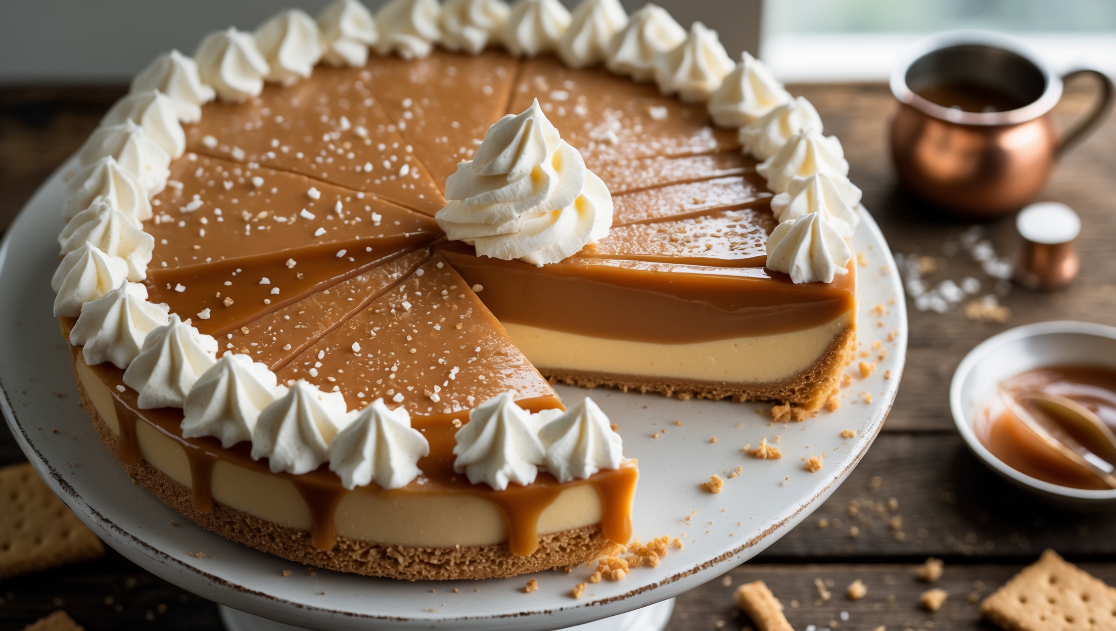 An overhead shot of a perfectly sliced dulce de leche cream pie on a vintage white ceramic cake stand, capturing the distinct caramel-colored custard layer beneath a cloud of softly peaked whipped cream. Natural window light highlights the glistening caramel drizzle cascading down the sides, while the golden graham cracker crust provides a textural contrast at the base. A cross-section view reveals the smooth, creamy layers against the crumbly crust, with tiny flecks of sea salt catching the light. The scene is completed with a rustic wooden table, a scattering of crushed graham crackers, and a small copper pot of extra dulce de leche in the background, suggesting homemade authenticity.