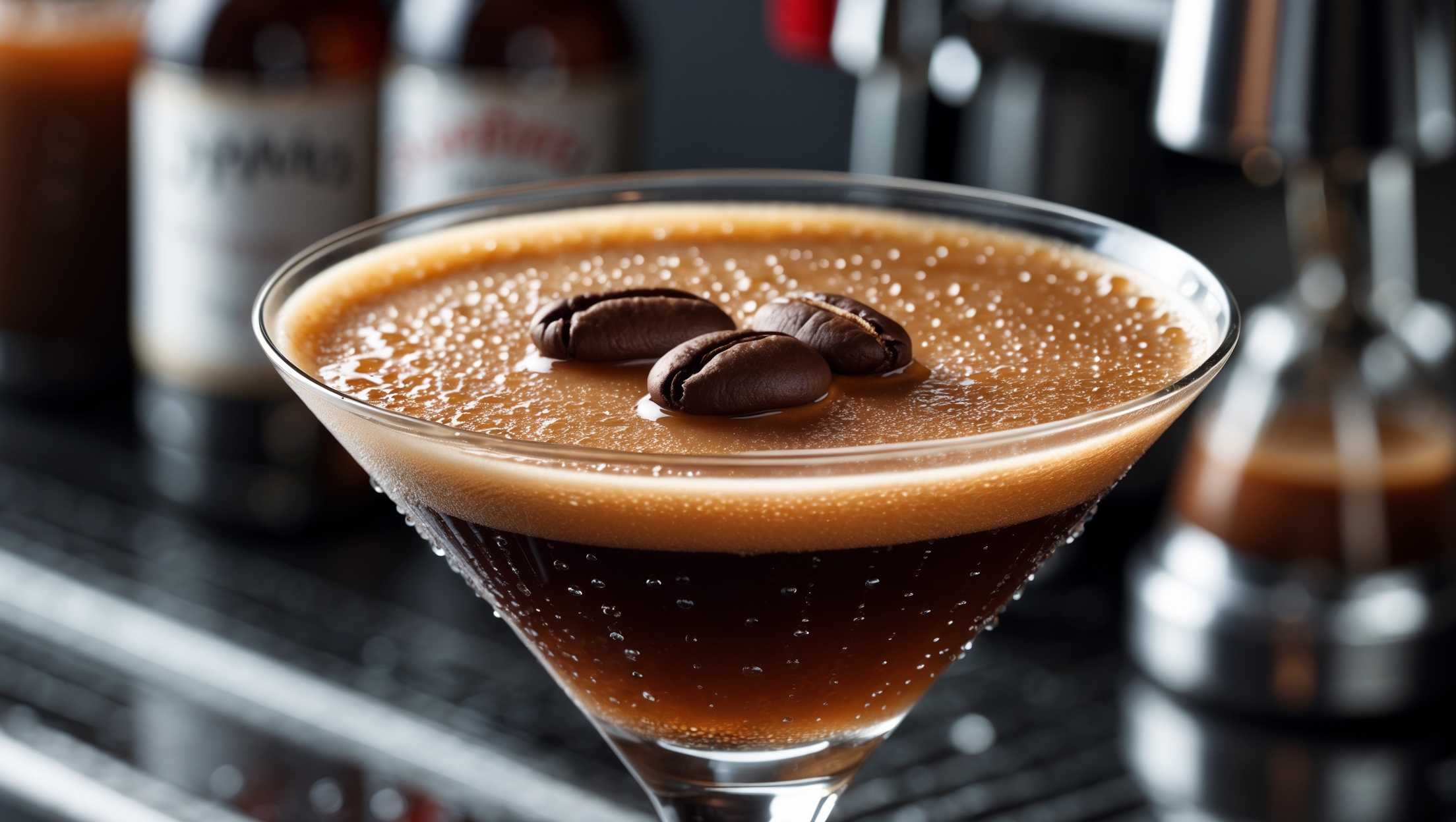 A chilled martini glass captured from a slight angle, showcasing the Espresso Martini's signature rich dark brown color topped with a perfect crema of caramel-colored foam. The surface glimmers under soft, moody bar lighting that highlights the velvety texture and tiny bubbles in the foam layer. Crystalline droplets of condensation cling to the outside of the glass, suggesting its ice-cold temperature. Three coffee beans rest symmetrically on the foam's surface, their rich brown tones contrasting beautifully against the creamy top. In the background, slightly blurred, sit bottles of premium vodka and Kahlúa alongside an espresso machine, hinting at the cocktail's core ingredients.