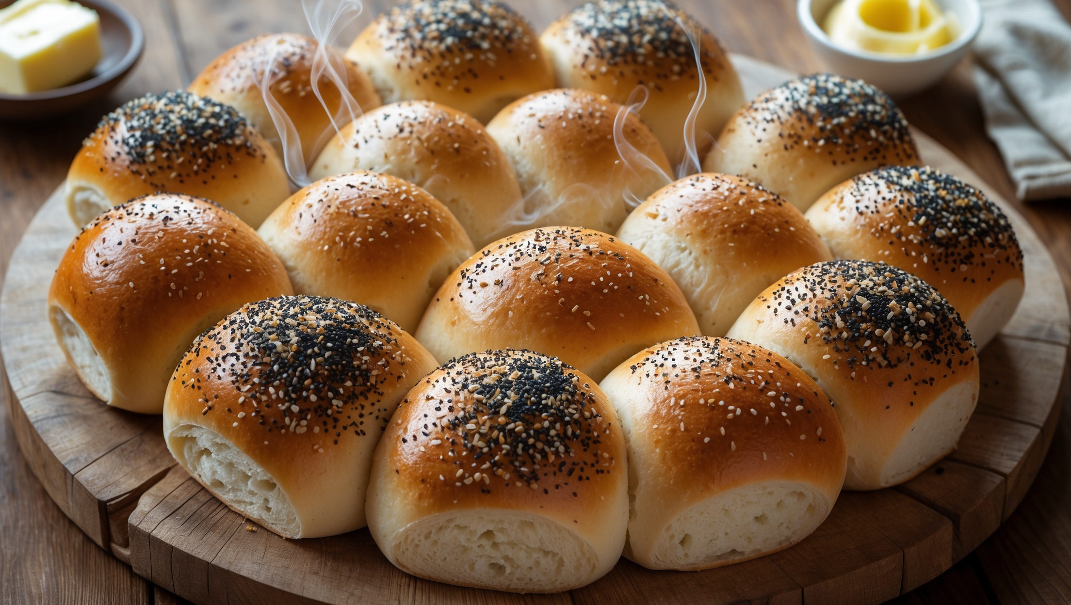 Overhead shot of a rustic wooden board holding a dozen golden-brown dinner rolls arranged in a circular pattern, their tops glistening with everything bagel seasoning that showcases distinctive flecks of poppy seeds, sesame seeds, and flaky salt catching the soft natural light. A cross-section view reveals the tender, pillowy interior with a perfect honeycomb structure, while wisps of steam rise from a freshly pulled-apart roll. In the background, slightly blurred, sits a small dish of cultured butter and a linen napkin, creating a homey, inviting atmosphere that emphasizes the rolls' perfect balance between everyday comfort and special-occasion appeal.