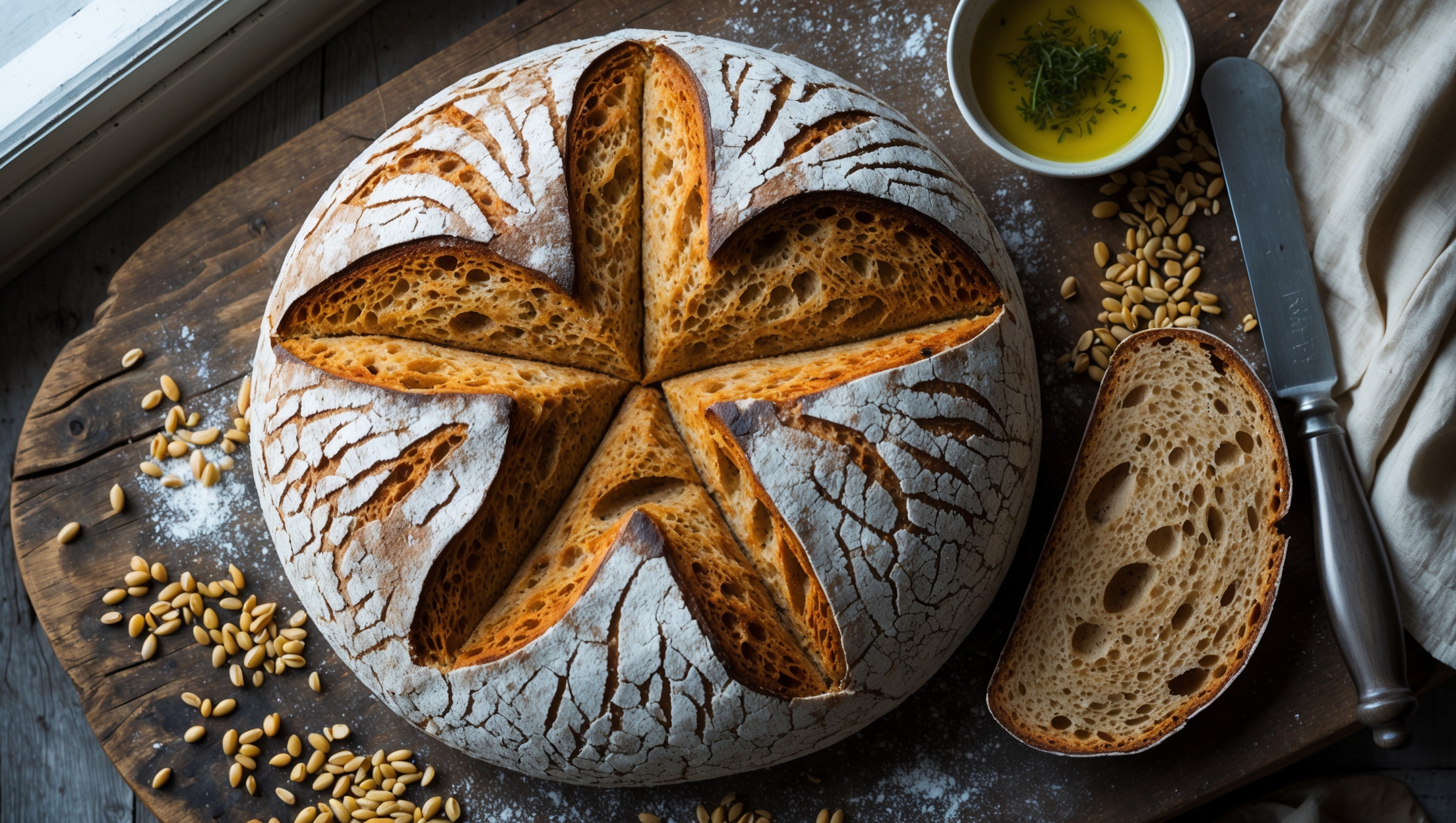An overhead shot of a round artisanal Farro Bread with a deeply golden, crackled crust dusted with flour, placed on a weathered wooden board. A cross-section slice reveals a rustic open crumb structure with visible farro grains throughout the tan interior. Soft natural light streams from a nearby window, highlighting the bread's textural details and creating gentle shadows. Scattered whole farro grains and a small bowl of olive oil with herbs surround the loaf, while a linen napkin and vintage bread knife rest alongside, suggesting the promise of a hearty meal to come.