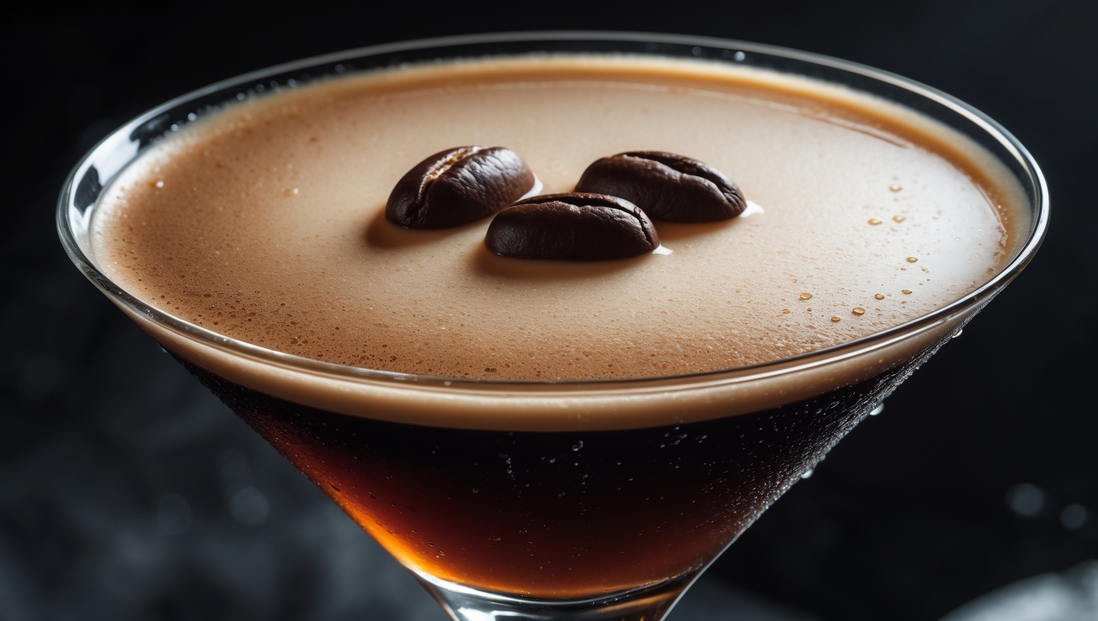 A sophisticated overhead shot of an Espresso Martini in a sleek, chilled coupe glass. The cocktail displays perfect separation between the rich, dark coffee-colored liquid and the luxurious crema foam floating on top. Dramatic low lighting creates reflections on the glossy surface while highlighting the three coffee beans delicately placed atop the foam in a traditional garnish pattern. Tiny droplets of condensation on the glass suggest the perfectly chilled temperature, while the contrast between the deep brown cocktail and pristine white foam showcases the precise layering achieved through proper shaking technique.