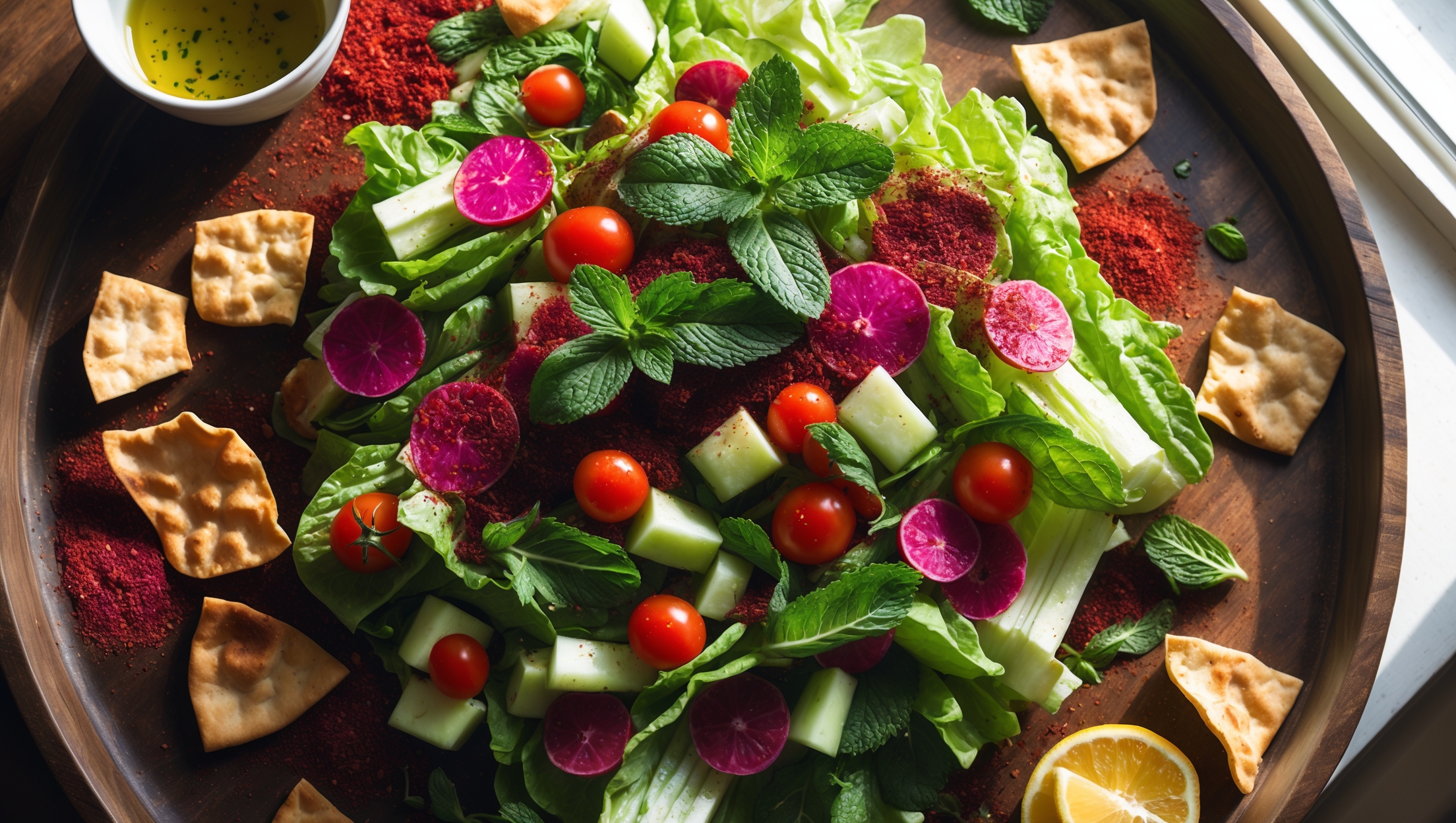 An overhead shot of a large, rustic wooden serving platter laden with Fattoush salad, capturing the vivid colors against the earthy backdrop. Crisp romaine lettuce and torn mint leaves create a verdant base, while ruby-red tomatoes, purple radishes, and cucumber chunks add jewel-like pops of color. Golden, irregularly-shaped pita chips are scattered throughout, their edges catching the soft natural light streaming through a nearby window. The entire salad glistens with olive oil dressing, while a dusting of deep burgundy sumac powder creates an appealing contrast against the fresh vegetables. A small bowl of extra dressing and a wedge of lemon sit alongside, suggesting the bright acidity that defines this Middle Eastern classic.