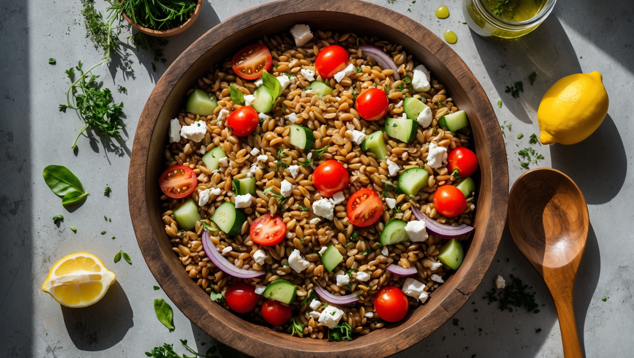 An overhead shot of a rustic wooden bowl filled with the farro salad, where nutty brown grains glisten with olive oil alongside vibrant red cherry tomatoes, crisp cucumber chunks, and purple-red onion slivers. Crumbles of white feta cheese and bright green herbs are scattered throughout, creating striking color contrasts. The composition includes scattered fresh herbs and lemon wedges around the bowl's edge, with a small jar of vinaigrette nearby. Natural window light casts gentle shadows that highlight the varied textures of the ingredients, while a wooden serving spoon rests on the side, ready for serving this wholesome grain salad.