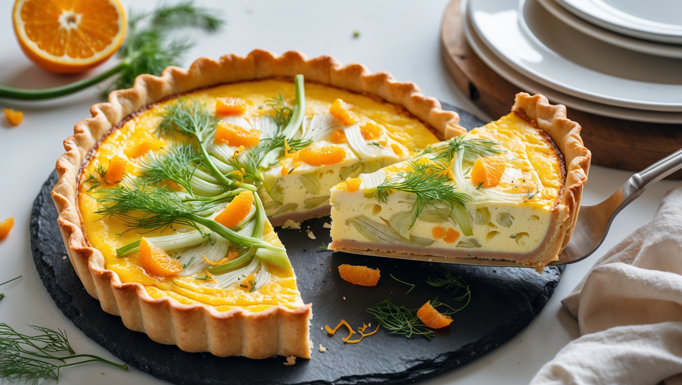 An overhead shot of a golden-crusted quiche with a perfect slice being lifted to reveal the creamy fennel-studded filling flecked with vibrant orange zest. Soft natural light streams across the scene, highlighting the flaky pastry edges and caramelized fennel pieces. The quiche rests on a slate serving board alongside scattered fennel fronds and orange segments. A cross-section view shows the distinct layers of crisp pastry and silky custard filling with perfectly distributed fennel pieces throughout. The warm amber tones of the baked egg mixture contrast beautifully with the white ceramic serving plates and linen napkins in the background.