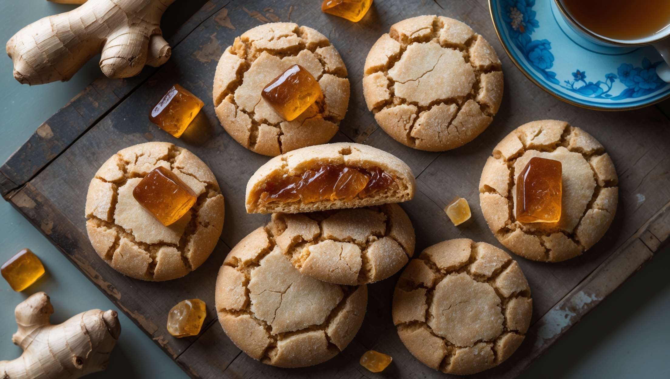 An overhead shot of rustic, golden-brown cookies scattered across a weathered wooden board, with visible chunks of glossy crystallized ginger embedded in their crackled surfaces. Soft window light highlights the slightly raised centers and crinkled edges, while a few fresh ginger roots and scattered crystallized ginger pieces artfully frame the composition. A cross-section view reveals the cookies' tender, moist interior contrasting with the slightly crisp exterior, with amber-colored ginger pieces glistening inside. A vintage blue ceramic plate holds a perfect stack of three cookies, with a steaming cup of tea nearby suggesting the perfect pairing for these aromatic spiced treats.