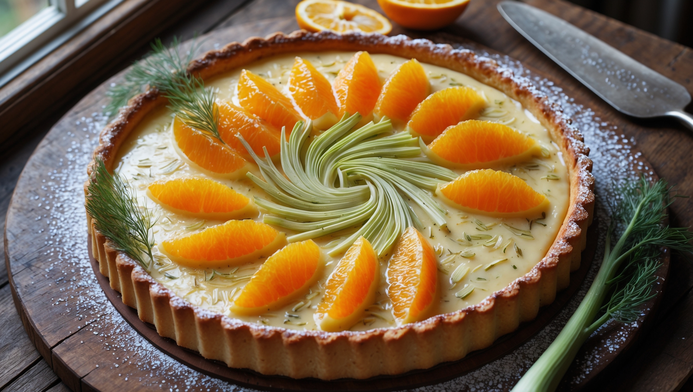 An overhead shot of a golden-brown Fennel and Orange Tart sitting on a weathered wooden serving board, with natural light streaming in from a side window highlighting the glistening orange segments arranged in a beautiful spiral atop the creamy fennel custard. A cross-section slice reveals the perfect contrast between the crisp shortcrust pastry and the silky cream filling speckled with fennel seeds. Fresh fennel fronds decorate the corners while a dusting of powdered sugar catches the light. In the background, a halved orange and fennel bulb rest alongside a vintage cake server, with the tart's caramelized surface creating an appealing amber glow against the rustic tabletop.