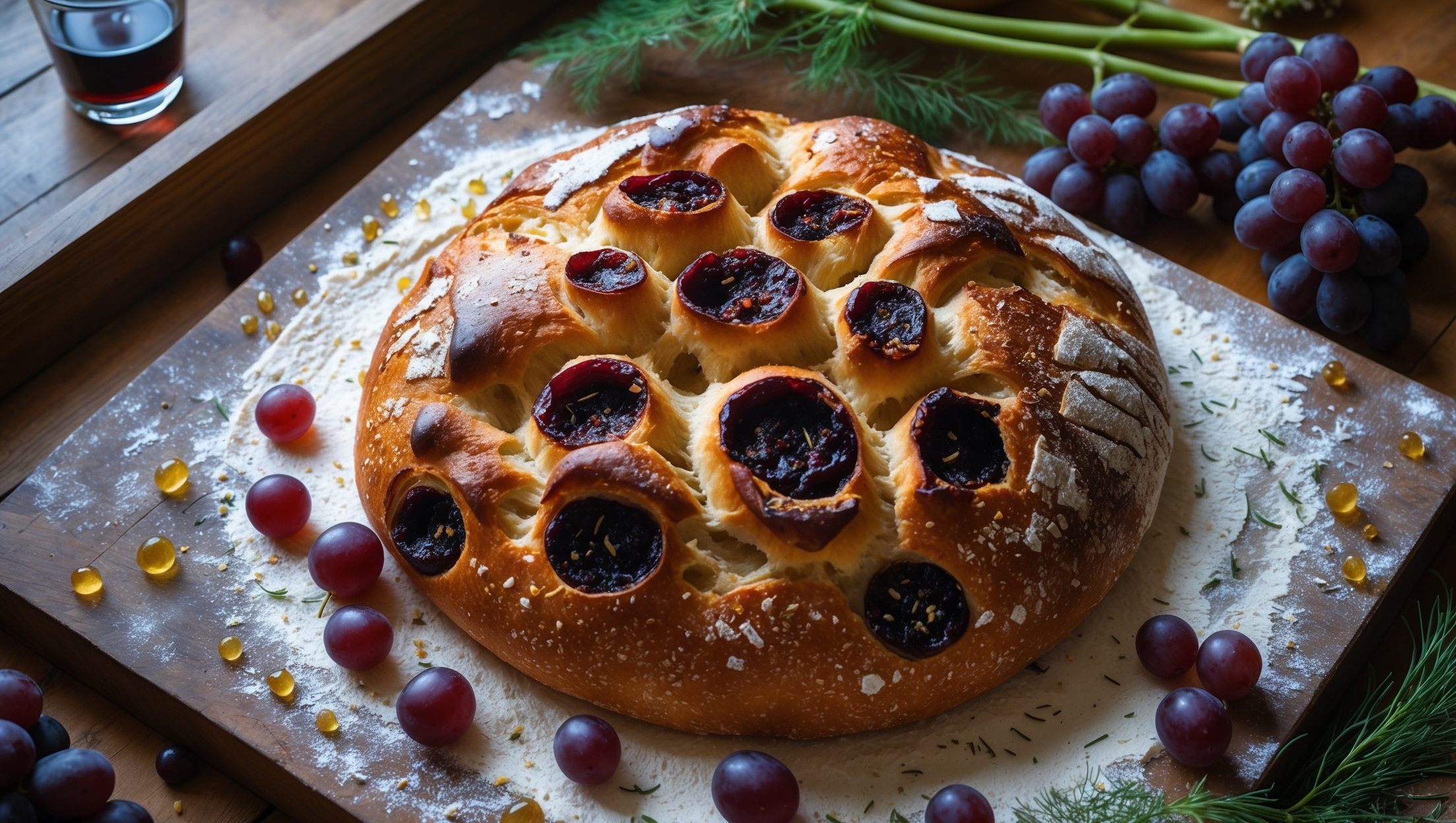 An overhead shot captures the rustic Schiacciata con l'uva on a flour-dusted wooden board, its surface glistening with caramelized grape juices and scattered sugar crystals. Natural window light highlights the deep purple-red stains where grapes have burst during baking, contrasting beautifully with the golden-brown crust. A cross-section view reveals pockets of jammy grapes nestled within the airy bread structure, while fennel seeds add tiny specks throughout. Surrounding the loaf are scattered wine grapes, fennel fronds, and a small glass of Chianti, creating a Tuscan harvest scene. The bread's irregular shape and artisanal appearance emphasize its traditional, homemade character.