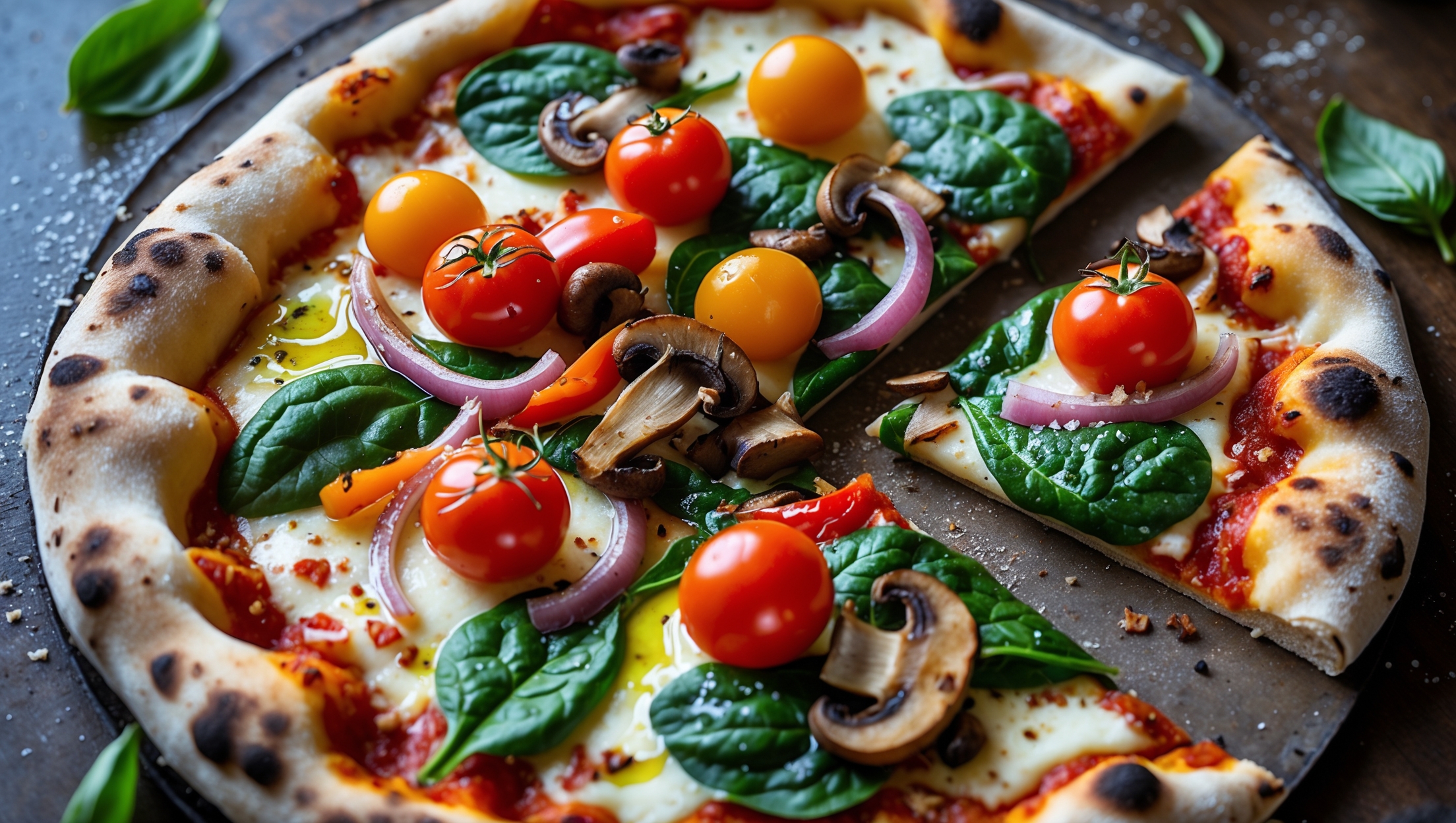 An overhead shot of a rustic, wood-fired Veggie Pizza with a perfectly blistered crust, its edges golden-brown and slightly charred. Vibrant colors pop against the creamy mozzarella base—bright red cherry tomatoes, emerald green spinach, caramelized red onions, colorful bell peppers, and earthy mushrooms. A drizzle of herb-infused olive oil catches the soft natural light, creating appealing glossy highlights. The pizza rests on a weathered wooden pizza peel with fresh basil leaves scattered around, while a light dusting of grated parmesan and red pepper flakes adds texture. Steam rises gently from the just-sliced wedge, revealing the thin, crispy-yet-chewy crust structure beneath the toppings.