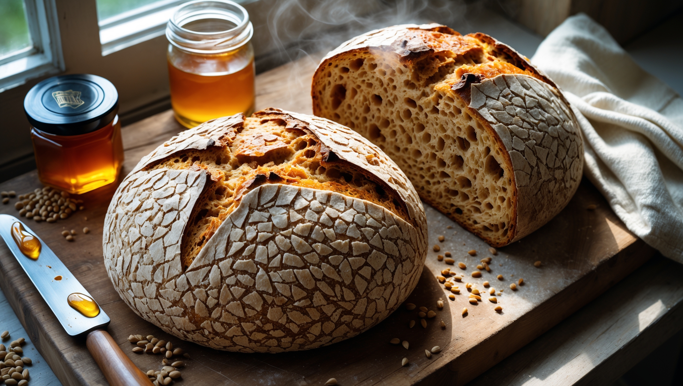 An overhead shot of a rustic round loaf with a crackled golden-brown crust dusted with ancient grain flours, cut to reveal a dense yet airy interior with visible whole grains. Captured in soft morning light streaming through a kitchen window, the bread sits on a worn wooden cutting board alongside a small jar of amber fermented honey and scattered ancient grains. A slice is propped against the loaf, showing its moist, tender crumb with tiny pockets created by fermentation. A knife with honey residue and a linen napkin add texture to the composition, while steam gently rises suggesting it's freshly baked.