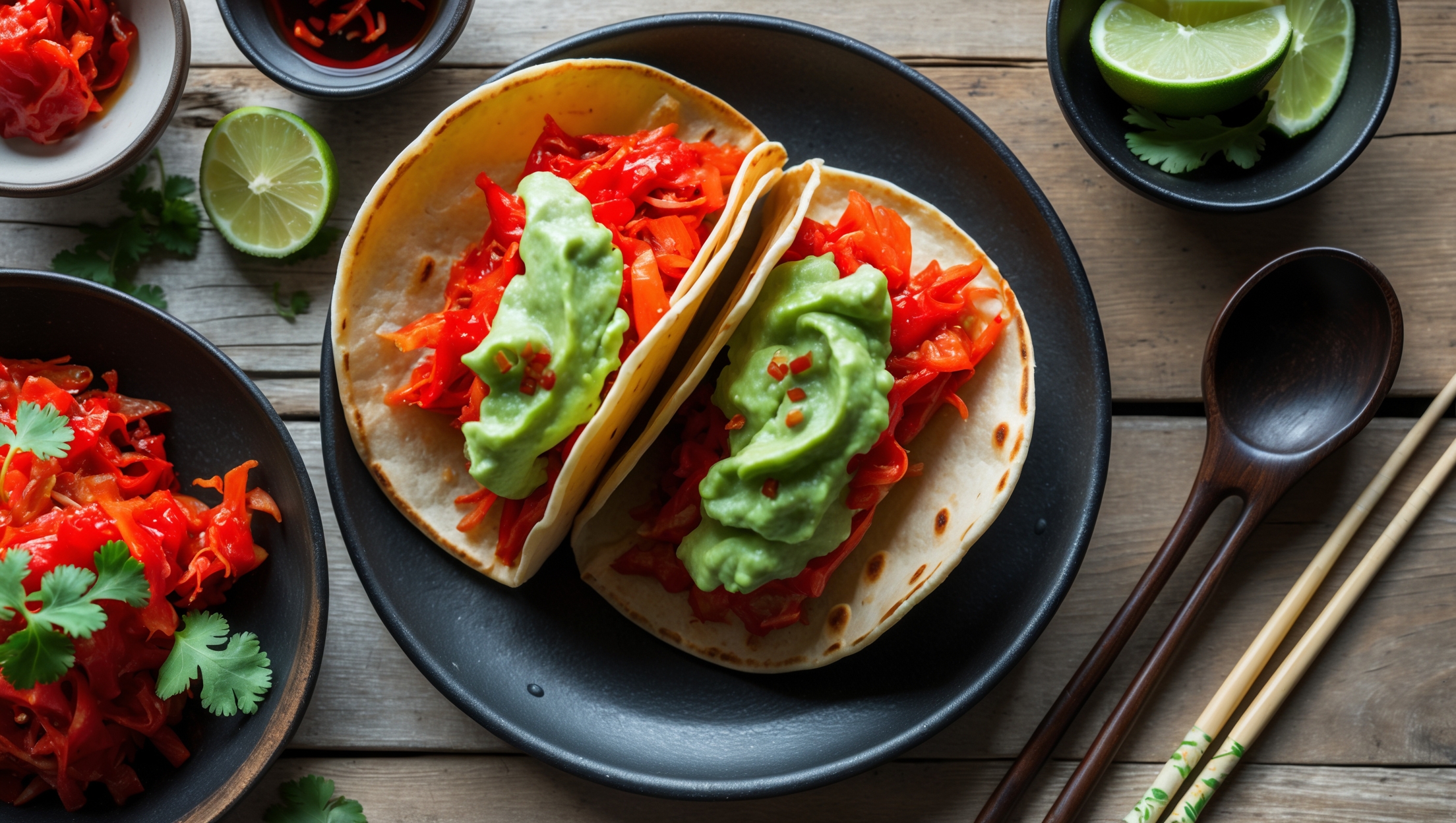 Overhead shot of three Fermented Kimchi Tacos arranged on a matte black ceramic plate, their crispy, golden-brown shells folded into perfect half-moons. A cross-section view reveals layers of vibrant red kimchi contrasting with bright green avocado crema. Soft natural light streams from the side, highlighting the glistening glaze drizzled over the tacos. In the background, small bowls of extra kimchi, lime wedges, and cilantro create colorful accents against a rustic wooden table. Chopsticks and a traditional Korean spoon rest beside the composition, emphasizing the fusion concept.