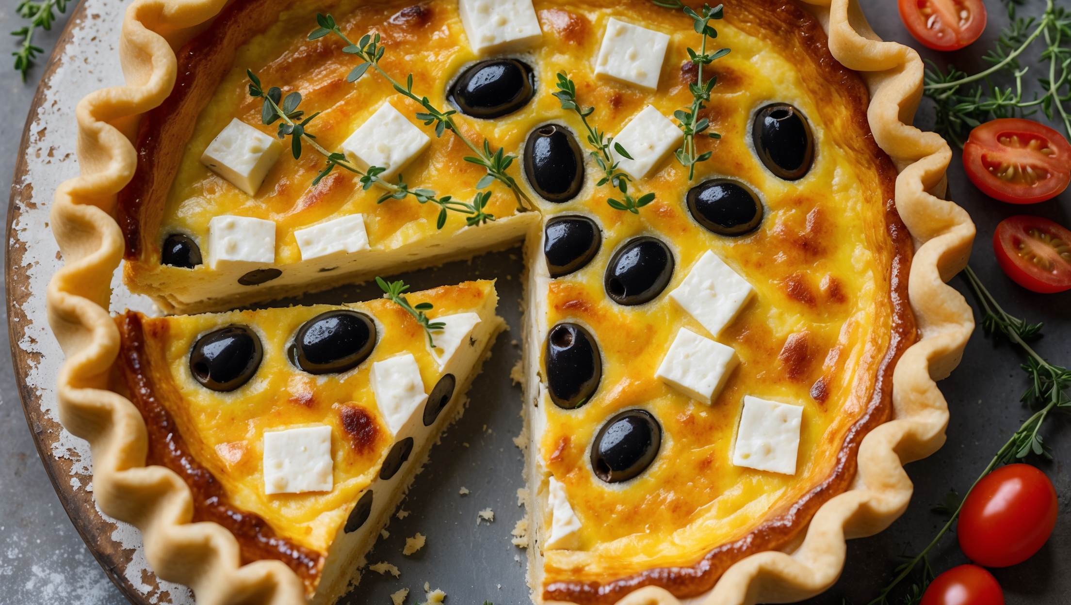 An overhead shot of a golden-brown quiche with a perfectly fluted pastry edge, cut to reveal a slice being lifted to showcase its moist, custard interior studded with chunks of white feta and glossy black olives. Soft natural light streams across the scene, highlighting the quiche's glistening top and crumbly pastry texture. The quiche rests on a distressed wooden board with fresh thyme sprigs, halved cherry tomatoes, and a scattering of extra olives surrounding it, creating vibrant color contrasts against the warm yellows and browns of the baked dish.