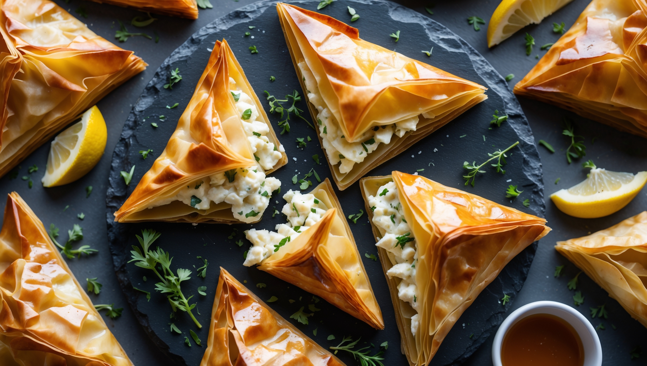 Overhead shot of golden-brown phyllo triangles arranged artfully on a slate serving platter, with a few triangles broken to reveal the creamy feta and herb filling. Soft natural light highlights the flaky, shatteringly crisp layers of pastry, while scattered fresh herbs and lemon wedges add vibrant color contrast. A small ramekin of honey for drizzling sits nearby, catching the light with its amber glow. The composition showcases both whole triangles and cross-sections, emphasizing the delicate layers of phyllo and the creamy, herb-speckled filling within.
