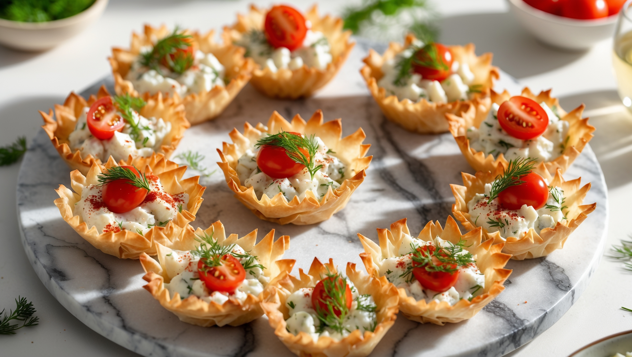 An overhead shot showcases a marble serving platter holding golden-brown phyllo cups arranged in a circular pattern. The crispy, flaky pastry edges catch the soft natural light, creating delicate shadows that highlight their intricate layers. Each cup cradles a creamy white feta filling speckled with vibrant green herbs, topped with tiny dill fronds and a light dusting of paprika for color contrast. A halved cherry tomato garnishes several cups, adding bright pops of red. In the background, a small bowl of extra filling and a scattering of fresh herbs create context, while a glass of white wine suggests perfect pairing possibilities.