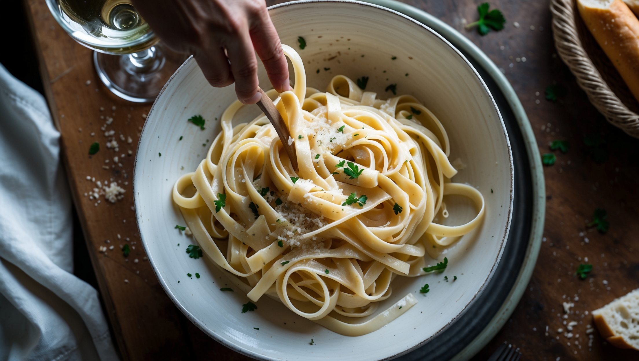 An overhead shot of steaming Fettuccine Alfredo served in a white porcelain bowl, with pasta ribbons perfectly coated in glossy, ivory-colored sauce. Soft natural light catches the subtle sheen on the sauce, highlighting its velvety texture. A wooden-handled fork twirls several strands, creating height in the composition. Freshly cracked black pepper and finely grated Parmesan create visual contrast against the pasta, while flecks of green parsley add color. The bowl sits on a worn wooden table with a glass of white wine and a rustic bread basket partially visible, suggesting an intimate Italian dining experience.