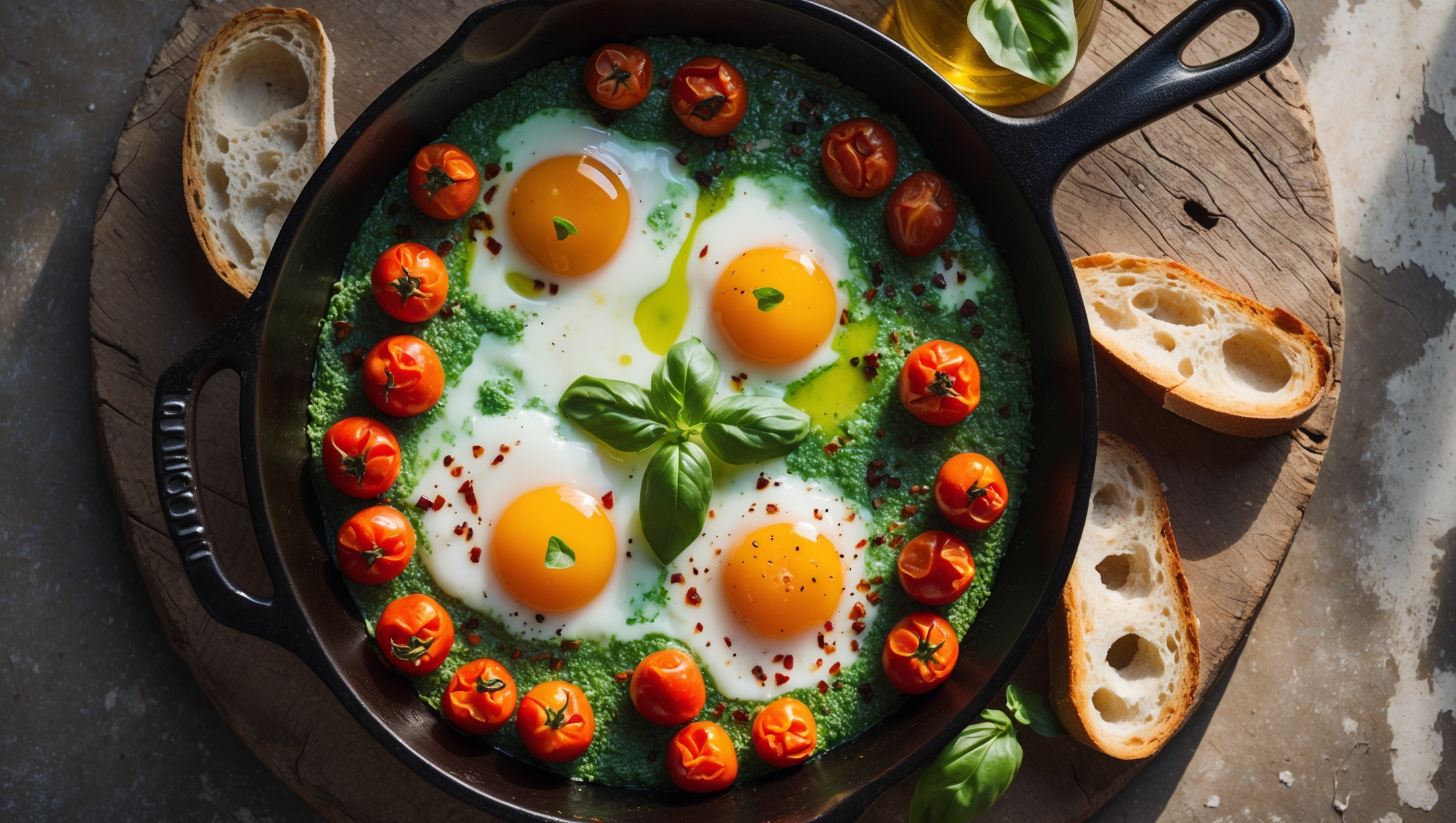 An overhead shot of a rustic cast-iron skillet containing four eggs baked to perfection, their golden yolks slightly runny against clouds of melted feta cheese marbled with vibrant green pesto. The surface is dotted with cherry tomatoes that have blistered beautifully during baking, their skins slightly wrinkled and caramelized. A sprinkle of red pepper flakes adds vivid contrast against the eggs, while fresh basil leaves garnish the edges. The skillet sits on a weathered wooden board, with a torn piece of crusty sourdough bread positioned to the side, ready for dipping. Morning sunlight streams across the scene, highlighting the glossy olive oil that glistens across the surface of this Mediterranean-inspired breakfast dish.