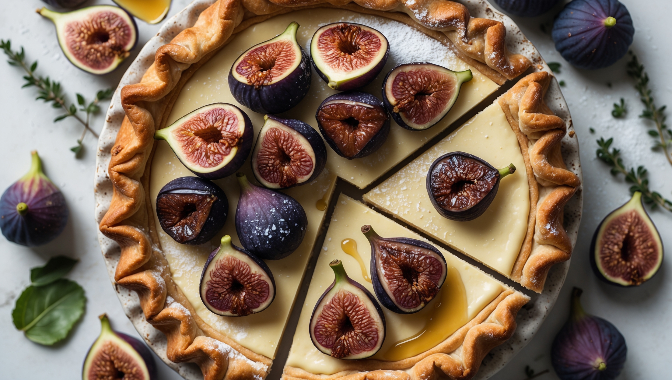 An overhead shot of a perfectly sliced fig cream pie, revealing a golden brown, flaky crust filled with pale yellow vanilla pastry cream and topped with a stunning arrangement of fresh and caramelized figs in various purple and green hues. The cross-section shows distinct layers of crisp pastry, smooth custard, and fruit. Soft natural light streams across the scene, highlighting the glossy, caramelized fig topping and the delicate dusting of powdered sugar. The pie rests on a vintage ceramic cake stand surrounded by scattered fresh figs, fig leaves, and sprigs of thyme, with honey drizzles catching the light beautifully.