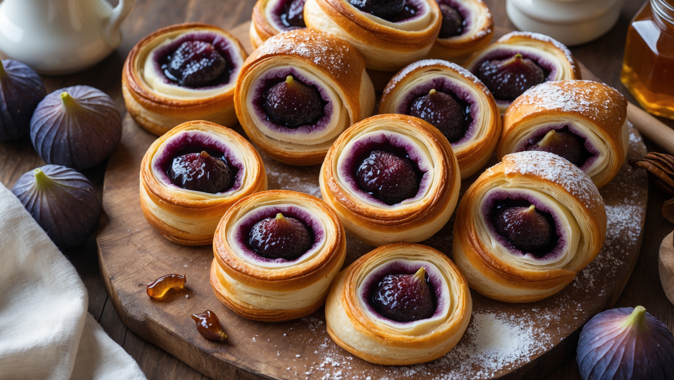 An overhead shot captures a dozen golden-brown Fig Danishes arranged on a rustic wooden serving board, their centers filled with jammy, caramelized figs glistening under soft natural light. A cross-section reveals the multiple buttery layers of the laminated pastry, with the characteristic honeycomb structure visible against the deep purple-brown fig filling. A light dusting of powdered sugar creates striking contrast against the amber pastry, while tiny specks of vanilla bean are visible in the cream cheese layer. In the background, a ceramic pitcher of cream and a small jar of honey sit alongside scattered fresh figs, their greenish-purple skin split to reveal their jewel-toned interiors.