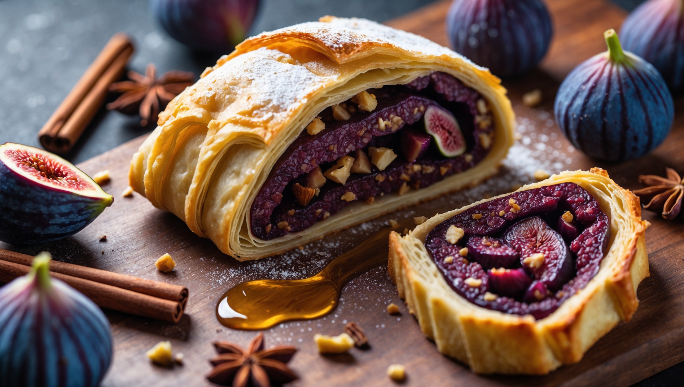 An overhead shot of the fig strudel showcases its golden-brown, flaky pastry with a slight dusting of powdered sugar. A cross-section reveals the luscious purple-brown fig filling interspersed with chopped nuts. The strudel rests on a rustic wooden board, with a drizzle of honey catching the soft natural light. Fresh figs in varying ripeness stages surround the pastry, alongside scattered cinnamon sticks and star anise. The warm amber tones of the pastry contrast beautifully with the deep purple of the fresh figs, while steam gently rises from a freshly cut slice, hinting at the warm, aromatic interior.